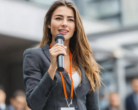Una giovane donna sorridente con abbigliamento professionale che tiene in mano un microfono, probabilmente parlando in pubblico o partecipando a un evento.