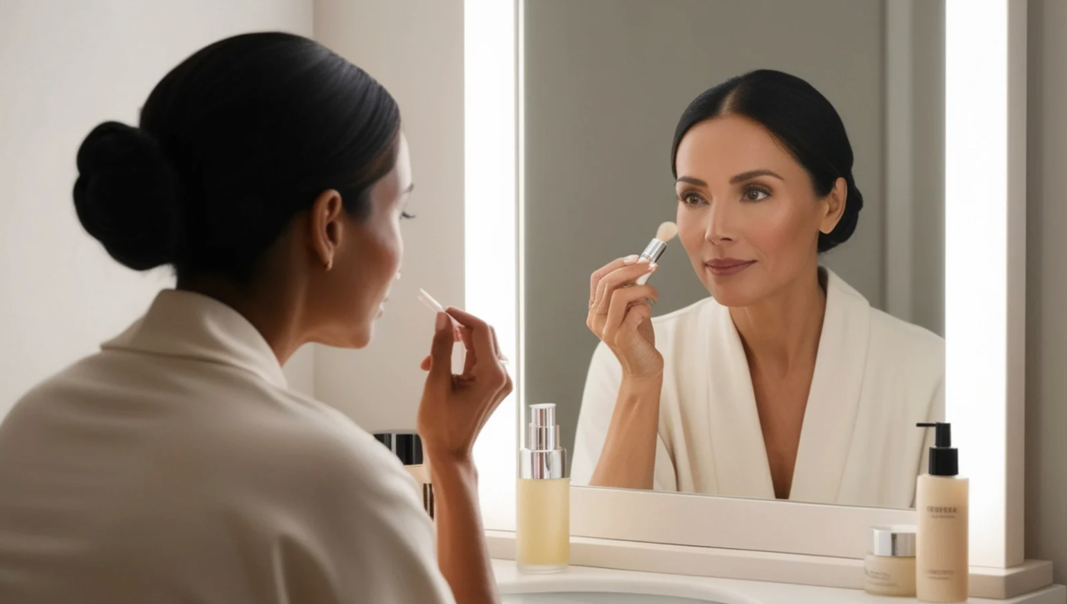 Una donna si guarda allo specchio mentre applica il trucco, con prodotti di bellezza sul piano del bagno.