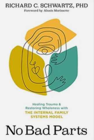Book cover of 'No Bad Parts' by Richard C. Schwartz, featuring abstract line art of faces and colorful shapes, with a foreword by Alanis Morissette.