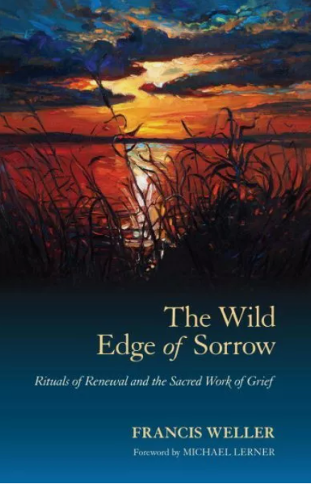 Book cover of 'The Wild Edge of Sorrow' by Francis Weller, featuring a sunset over a body of water with silhouetted grass in the foreground.