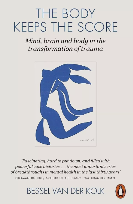 Cover of the book "The Body Keeps the Score" by Bessel van der Kolk featuring abstract blue artwork and subtitle "Mind, brain, and body in the transformation of trauma."