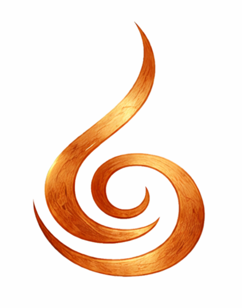 Stylized, abstract flame design in shades of orange and brown.