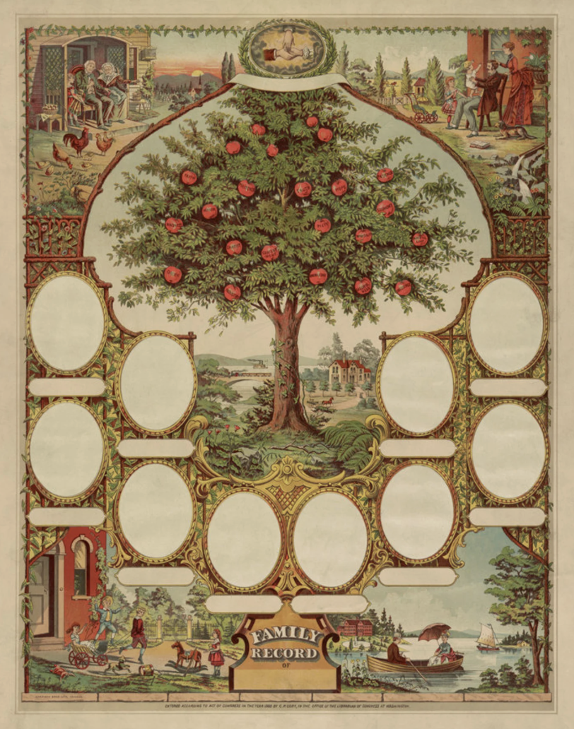 Decorative family record tree with space for photos and names, surrounded by illustrations of rural life, children playing, and scenes of outdoor leisure by a lake.