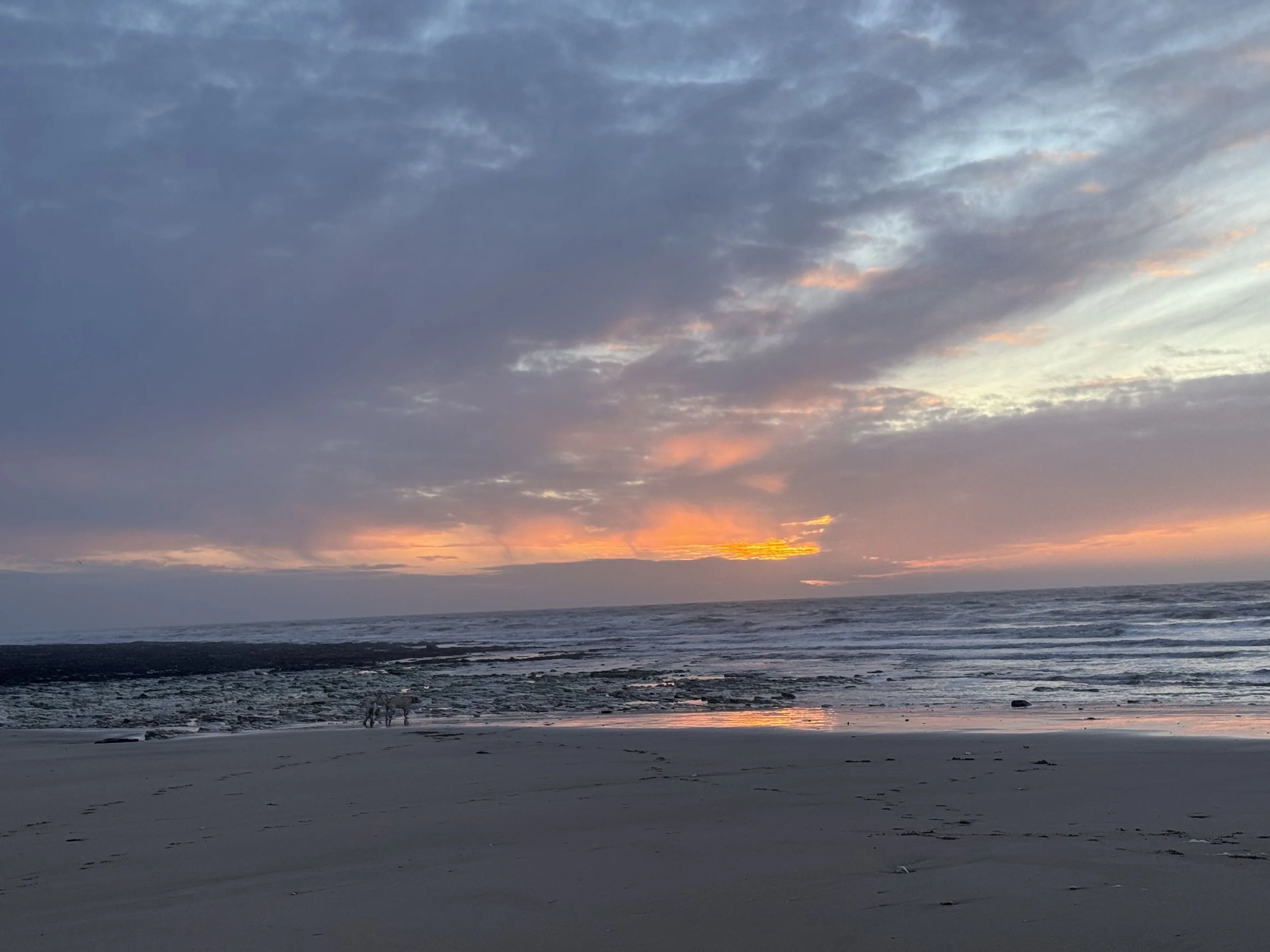 A sunset over a beach with cloudy sky and a few people walking near the shoreline.