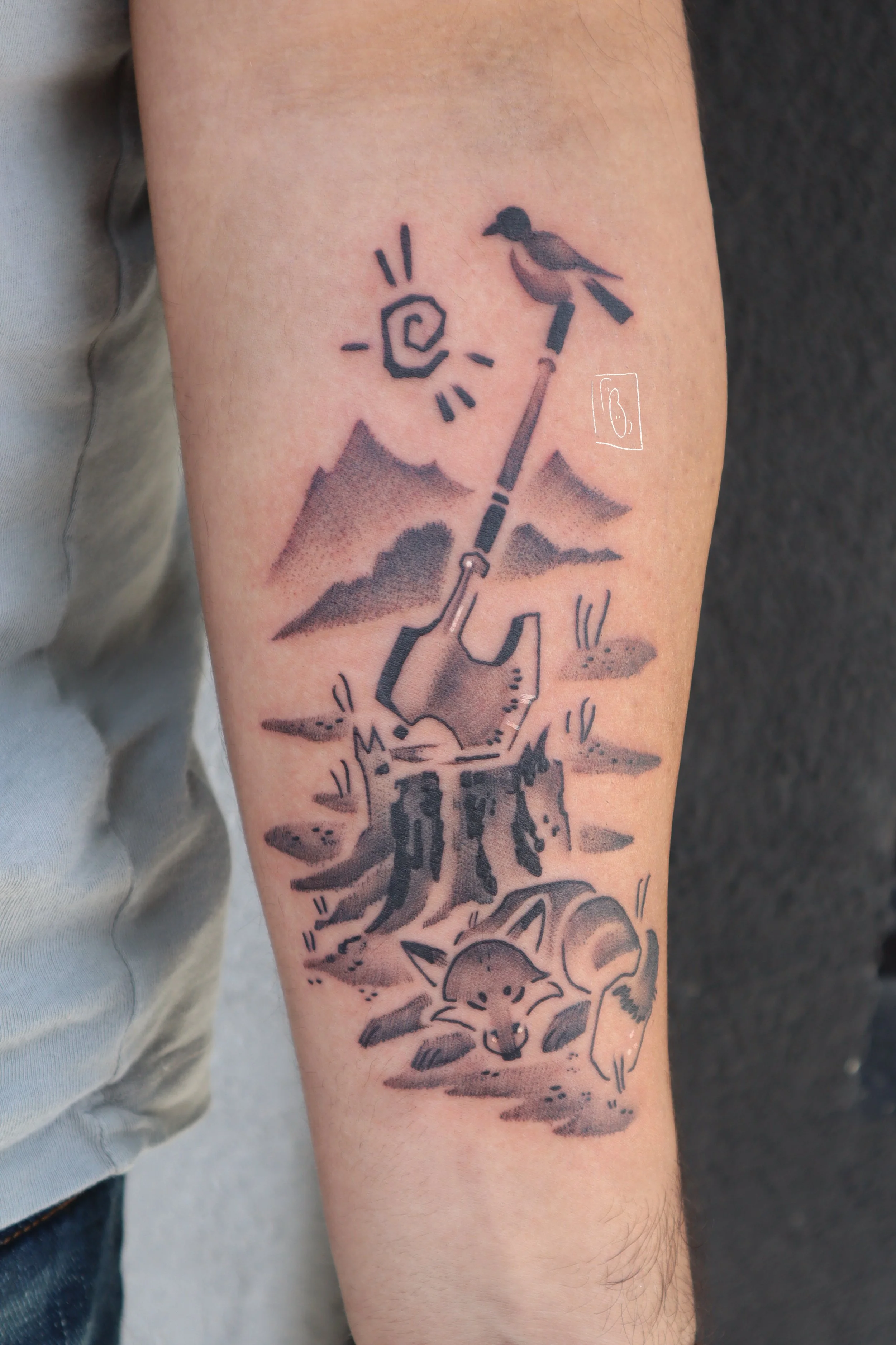 a scene inspired by the story the green knight, there is a sleeping fox in the foreground. behind it is a tree stump with a battleaxe sticking out of it. atop the handle is a perched robin. there is an abstract treeline and mountain in the background