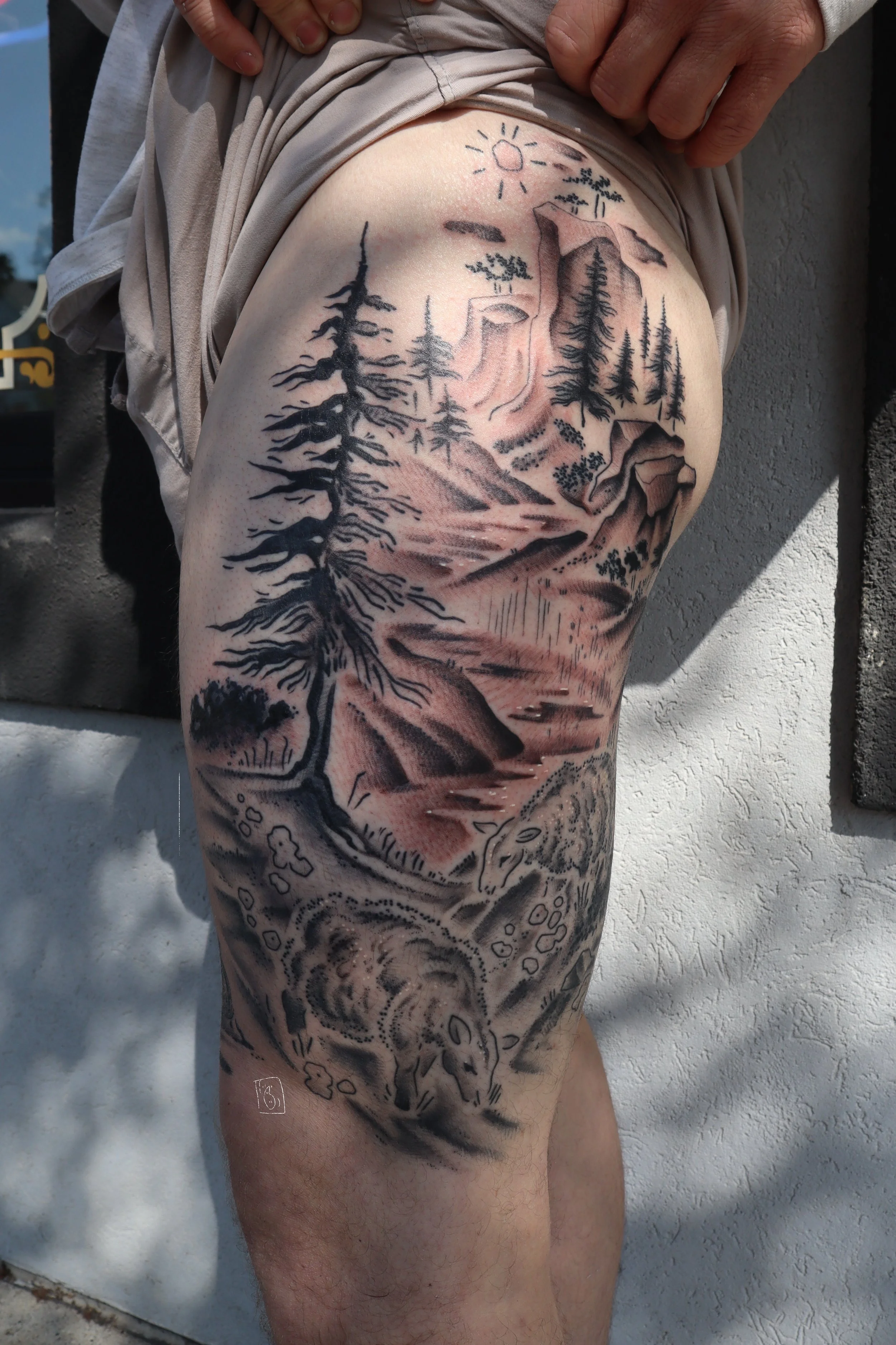tattoo of a beautiful outdoor scene. in the foreground, two sheep graze. in the valley below is a river, framed with pine trees. off on the horizon is a steep cliff and a small sun. this piece starts at the client's outside knee and goes to the hip