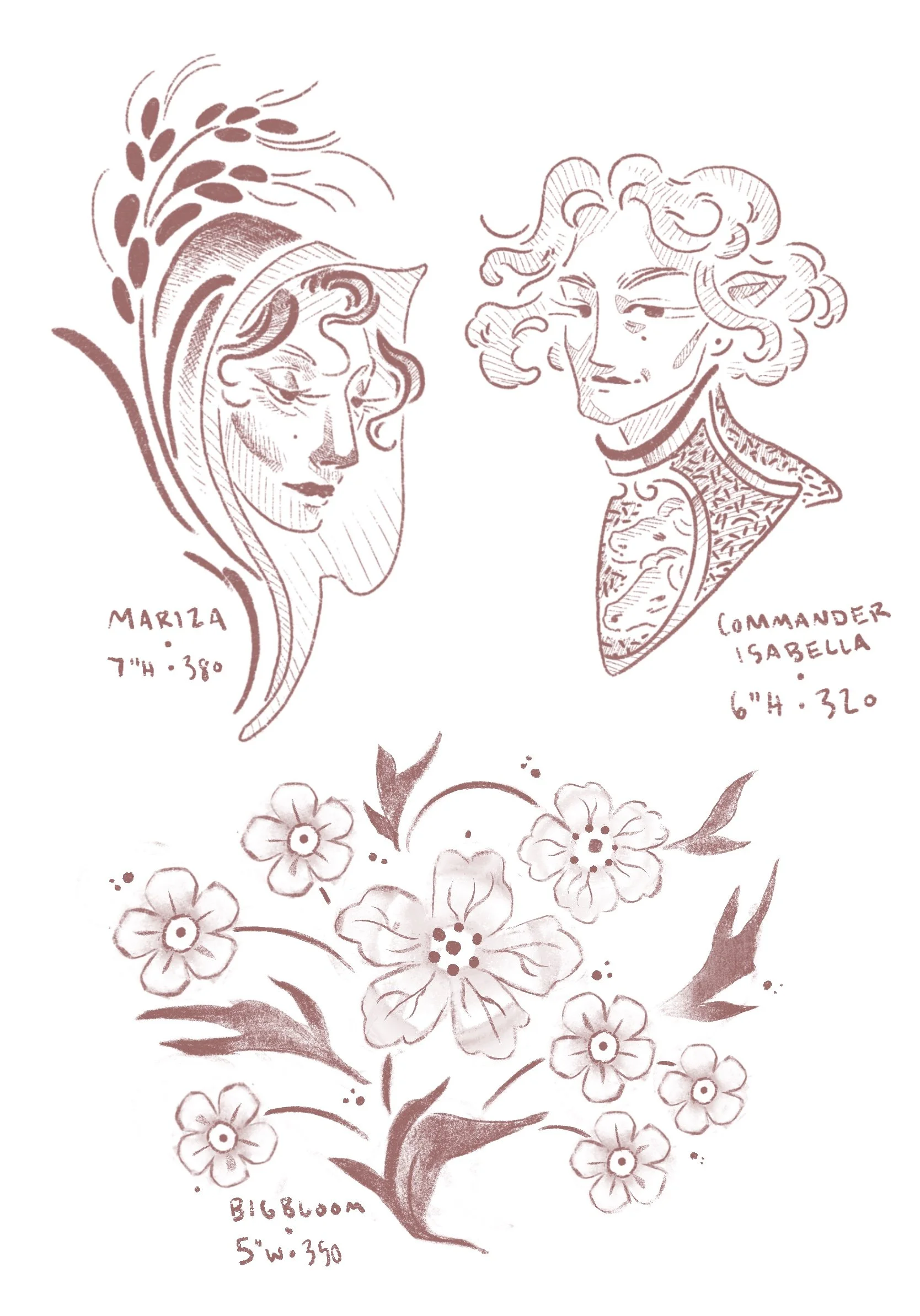tattoo flash. two women, one named MARIZA 7" height 380 USD top left, the other COMMANDER ISABELLA 6" height 320 USD top right; a floral illustration BIG BLOOM 5" wide 350 USD bottom