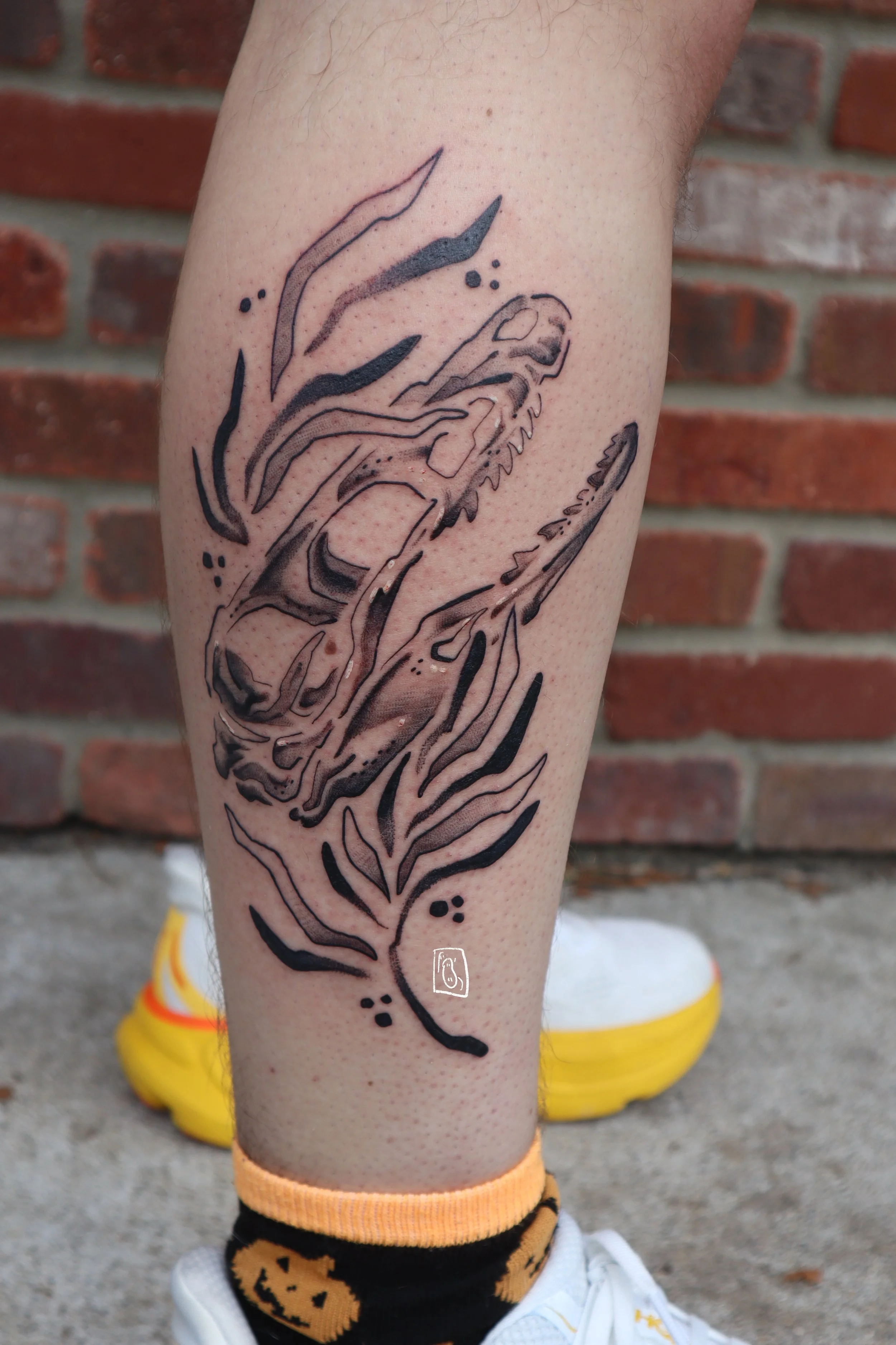 tattoo of a raptor skull, framed with a palm frond. it is black and grey and positioned on the outside of a calf