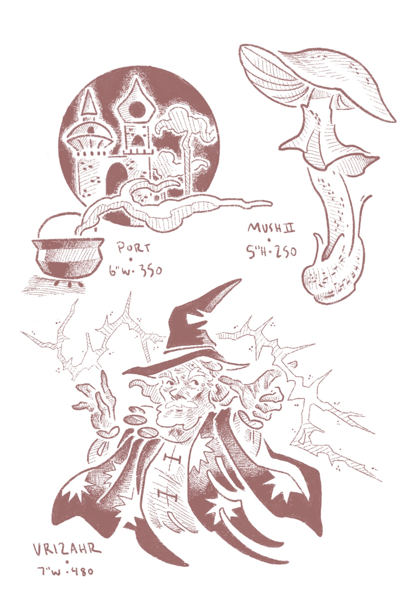 tattoo flash. top left a dark window with a castle, incense on a ledge PORT 6" wide 350 USD, top right mushroom MUSH 2 5" height 250 USD, bottom a wizard casting sweet lightning with a starry robe, named VRIZAHR 7" wide 480 USD