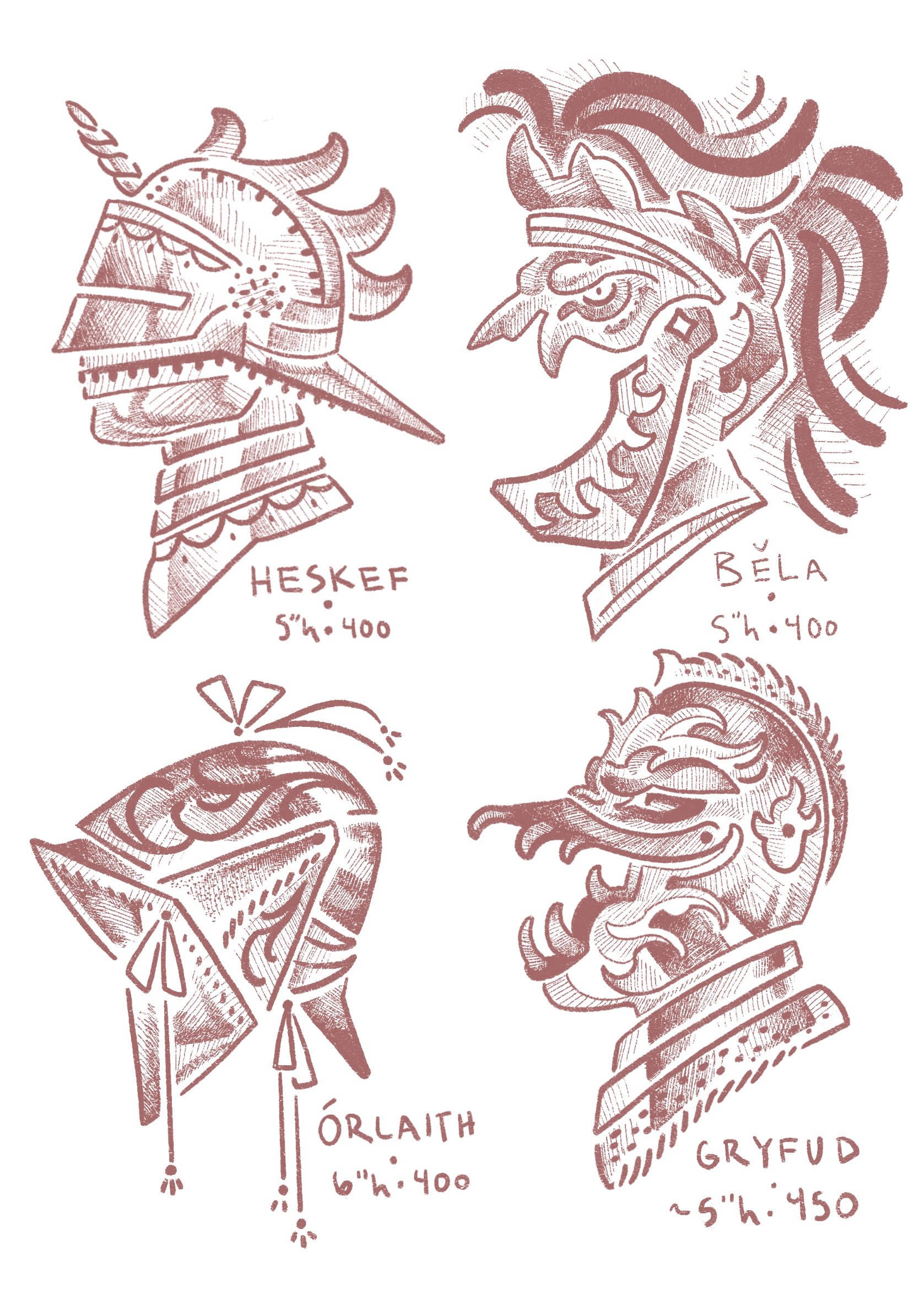 tattoo flash. four knight helms. top left is HESKEF 5" high 400 USD, top right is BELA 5" high 400 USD, bottom left ORLAITH 6" high 400 USD, bottom right GRYFUD 5" height 450 USD