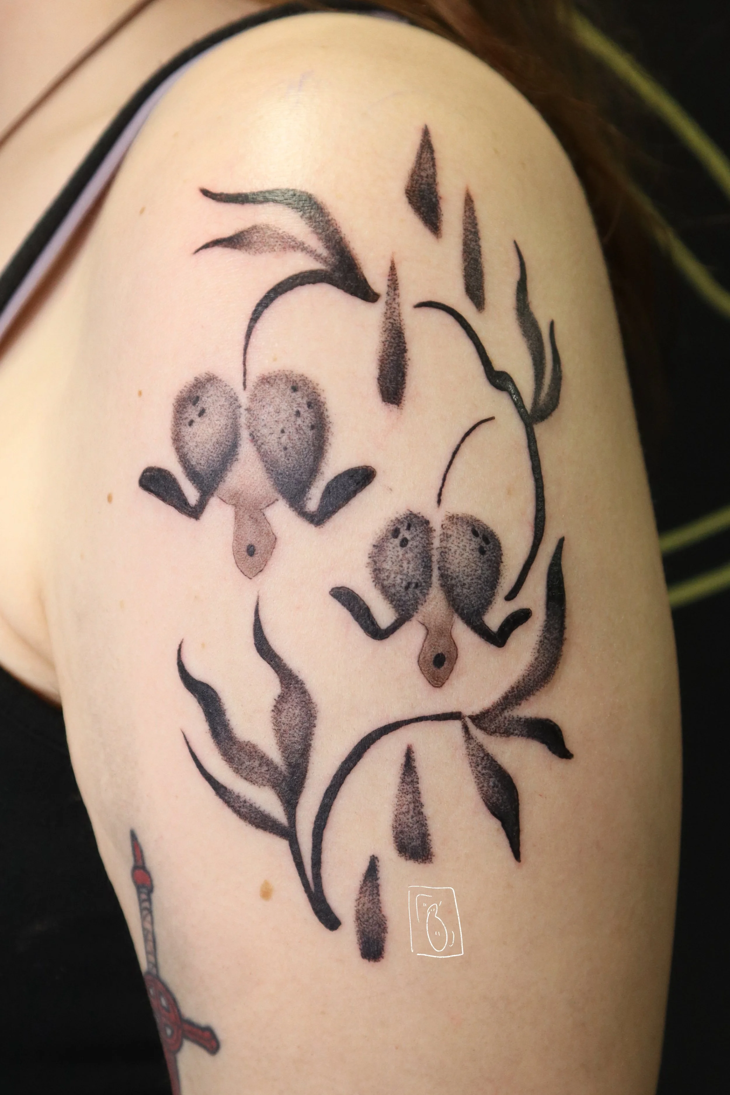 a nightly illustrative interpretation of bleeding heart flowers done in black and grey, placed on a client’s upper shoulder