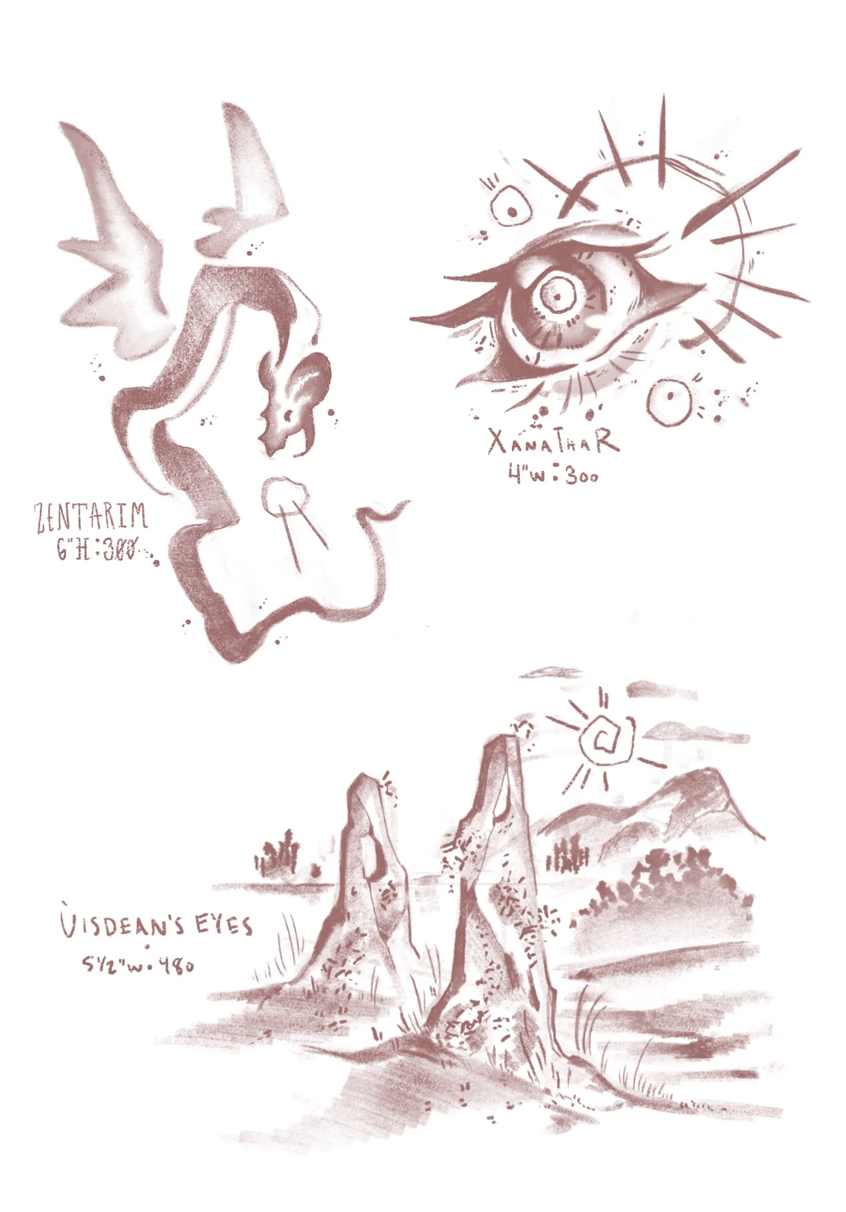 tattoo flash. two DND faction emblems, top left a winged serpent ZENTARIM 6" height 300 USD. top right an eye with an eight-spiked halo XANATHAR, 4" wide 300 USD. Bottom is a landscape with two standing stones, UISDEAN'S EYES 5 1/2" wide 480 USD