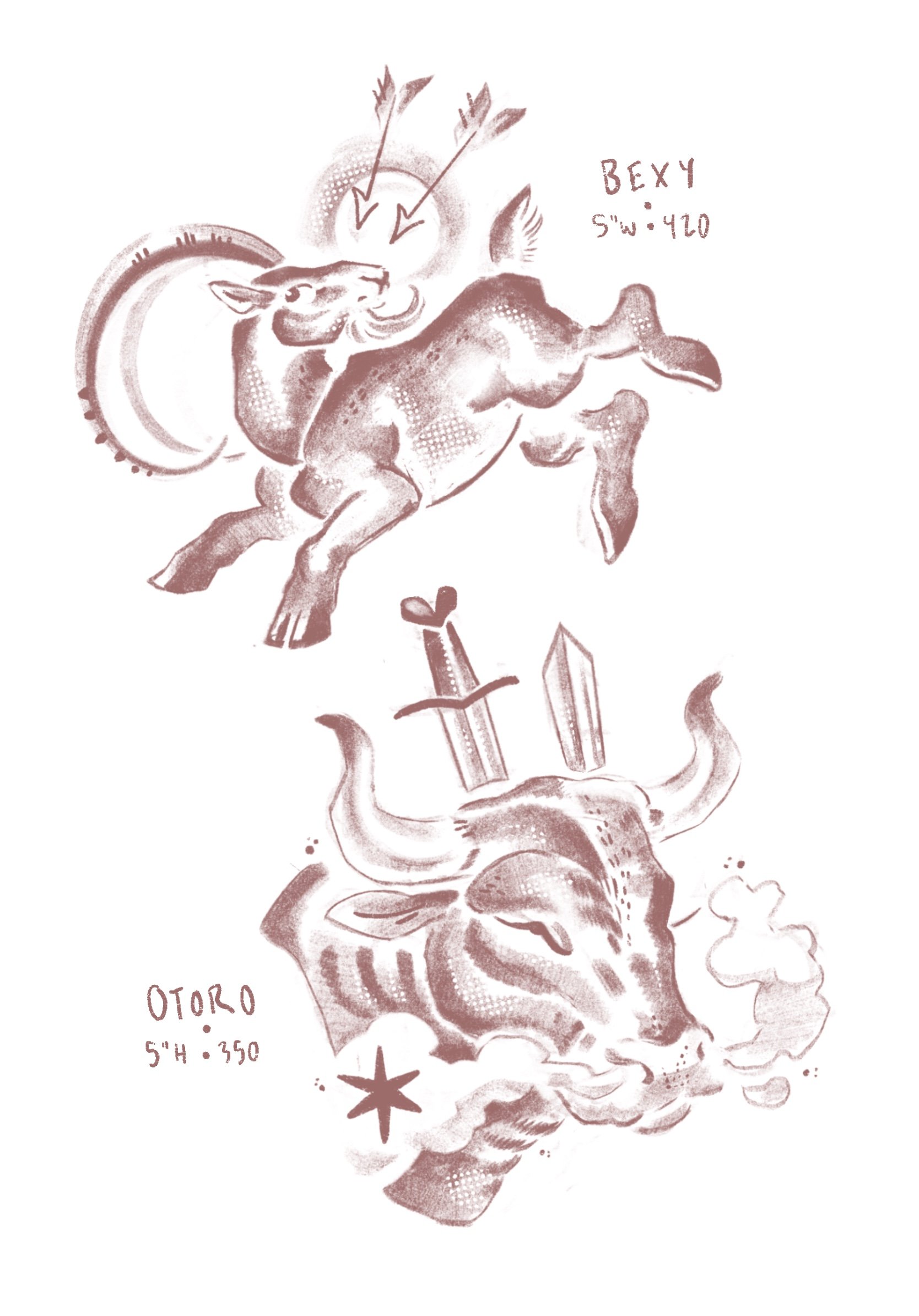 tattoo flash. top image ibex goat titled BEXY 5" wide 420 USD, bottom image bull with a sword and smoke named OTORO 5" height 350 USD
