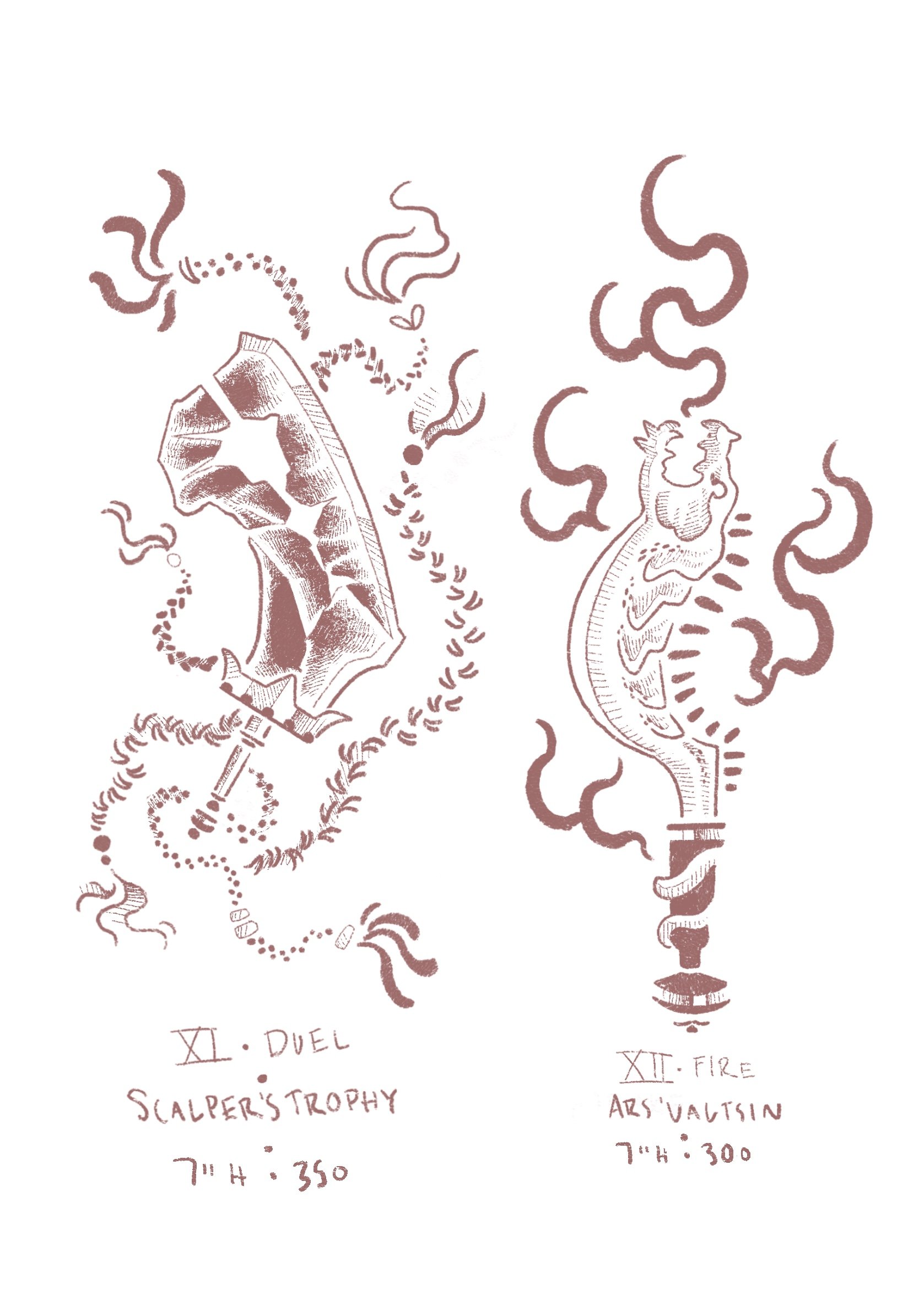 tattoo flash. two swords. left blade has a crack in the center with different braids around titled SCALPER'S TROPHY 7" height 350 USD, the other a curved blade with a dragon's head at the end, surrounded by fire called ARS'VALTSIN 7" height 300 USD