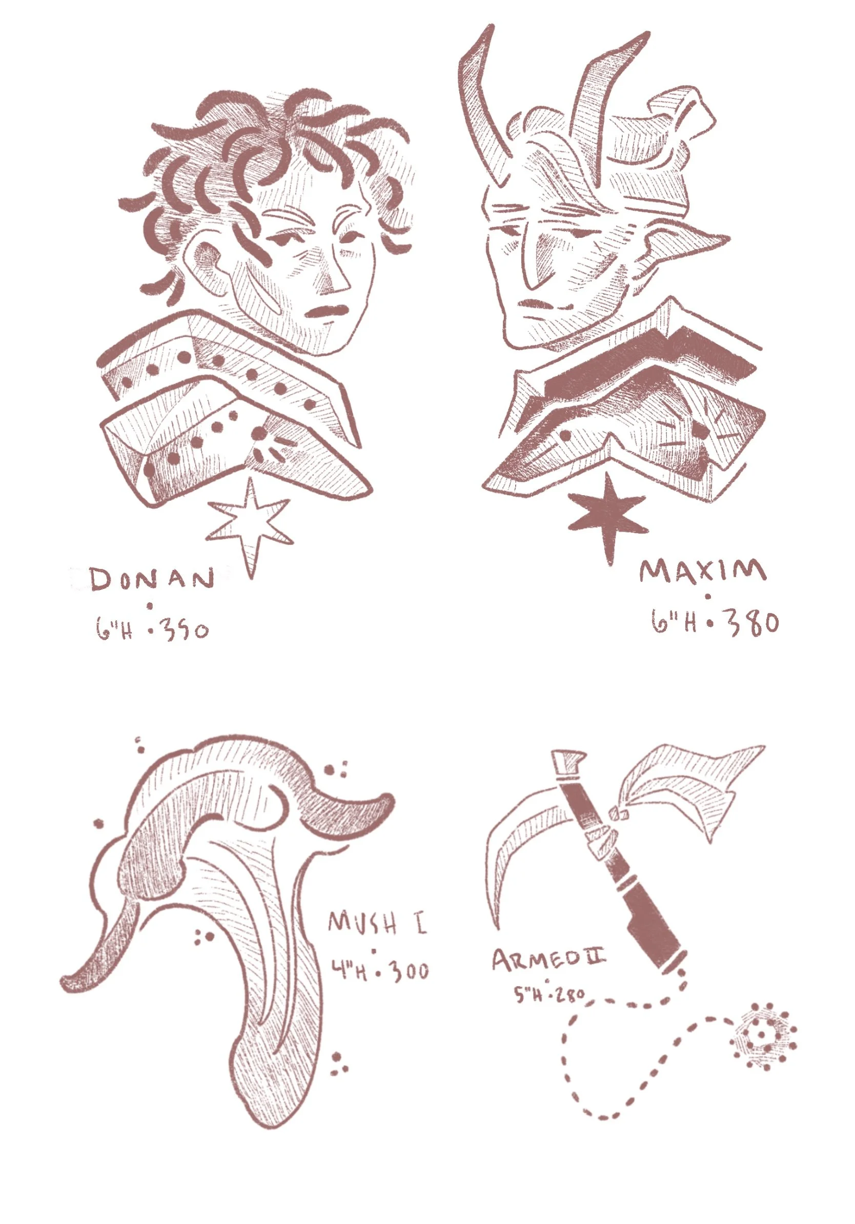 tattoo flash. top two images are paired knights, a human DONAN 6" height 350 USD, and tiefling MAXIM 6" height 380 USD. bottom left a mushroom, MUSH 4" height 300 USD, bottom right a sickle with a chained flail, ARMED 2 5" height 280 USD
