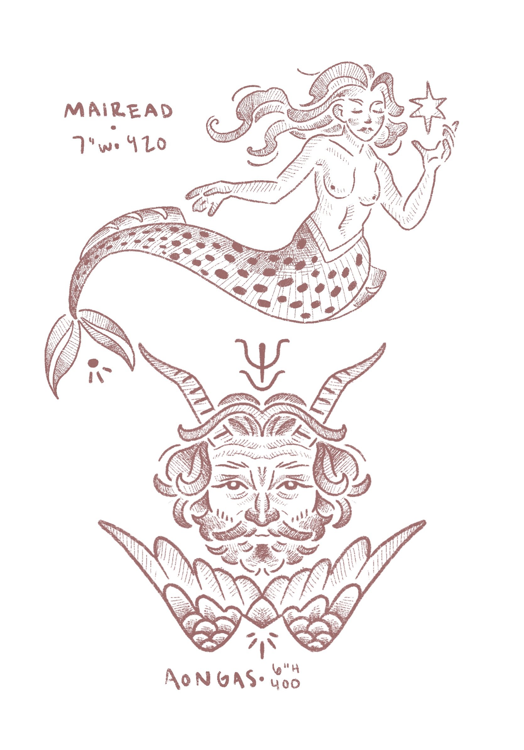 tattoo flash. top image is a long tailed mermaid named MAIREAD 7" wide 420 USD, bottom image is a wise man with horns and wings underneath his head called AONGAS 6" height 400 USD