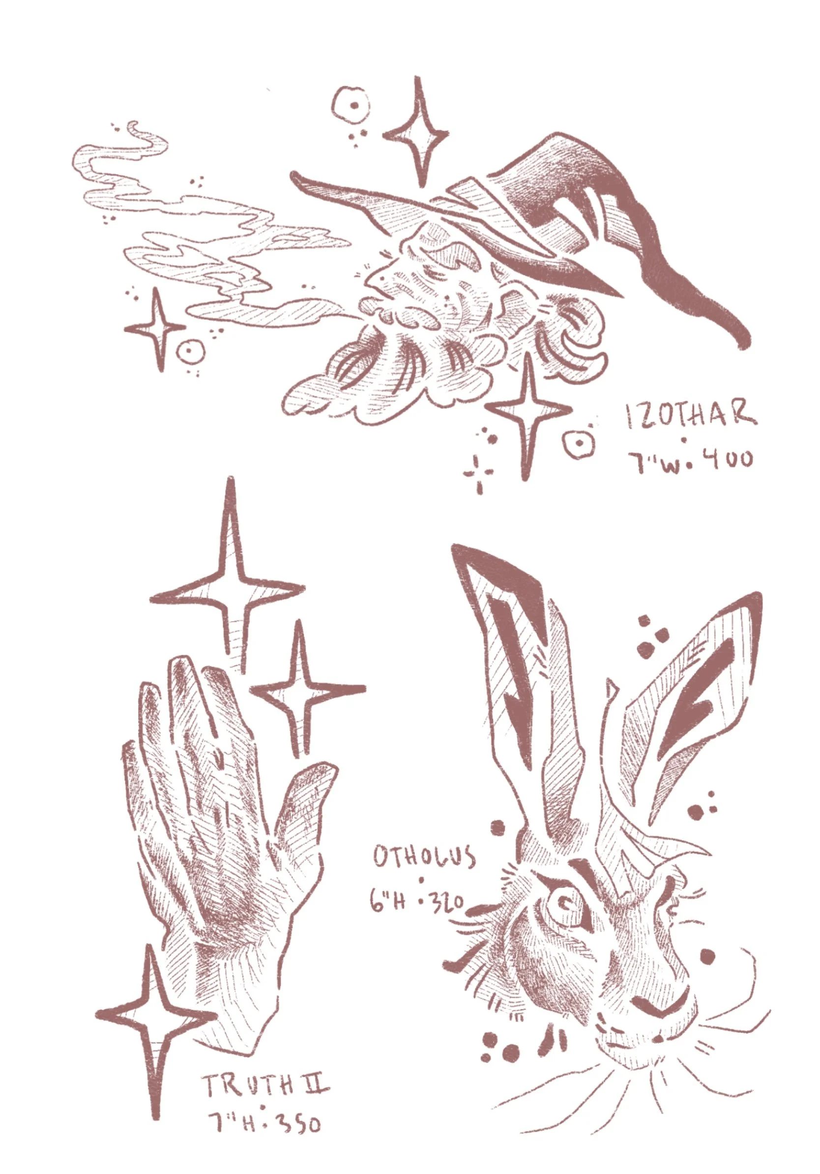 tattoo flash. top image a smoking wizard head named IZOTHAR 7" wide 400 USD, bottom left hand with stars called TRUTH 2 7" height 350 USD, bottom right a wise hare with a gingko leaf on his head named OTHULUS 6" high 320 USD
