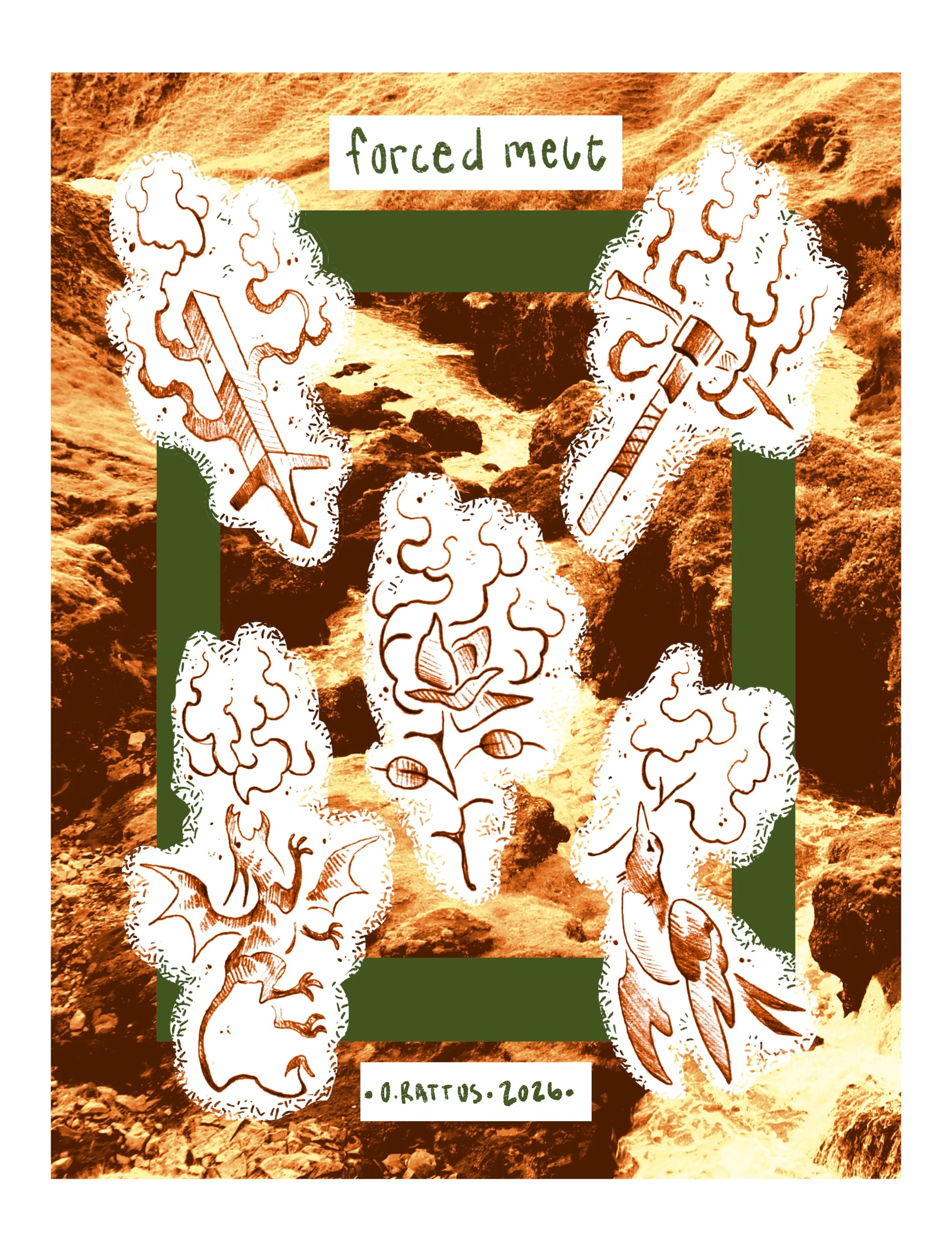 tattoo flash. sheet is titled forced melt, there is a fire sword, fire pickaxe, fire rose, dragon breathing fire, and a robin holding a flaming branch