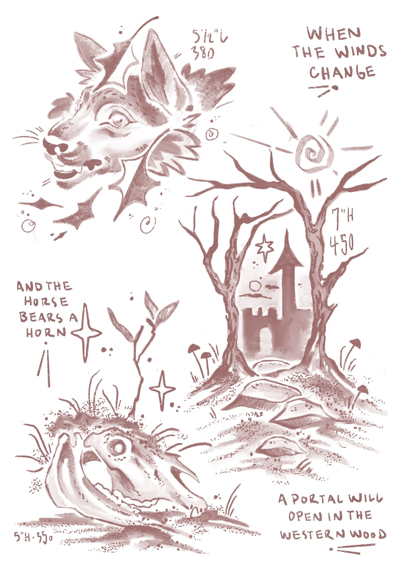 tattoo flash. wolf with leaves 5 1/2”l $380, portal with castle 7”h $450, horse skull with tree for implied horn 5”h $450
