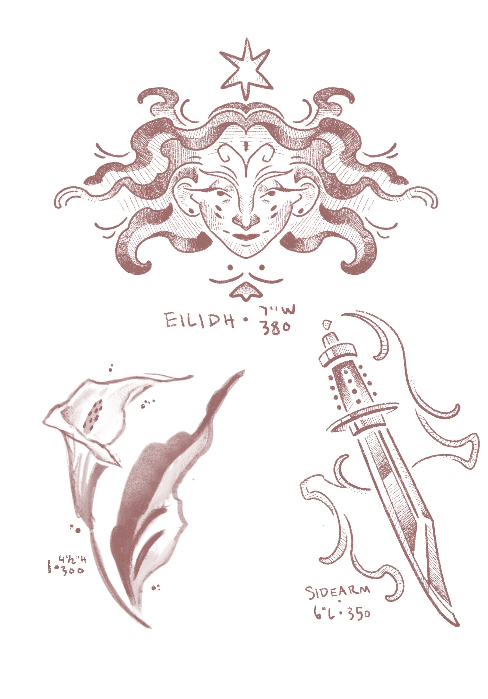 tattoo flash. top is a pictish woman named EILIDH, 7" wide 380 USD, bottom left a calla lily called ONE 41/2" high 300 USD, bottom right a drop tip bowie style knife called SIDEARM 6" length 350 USD