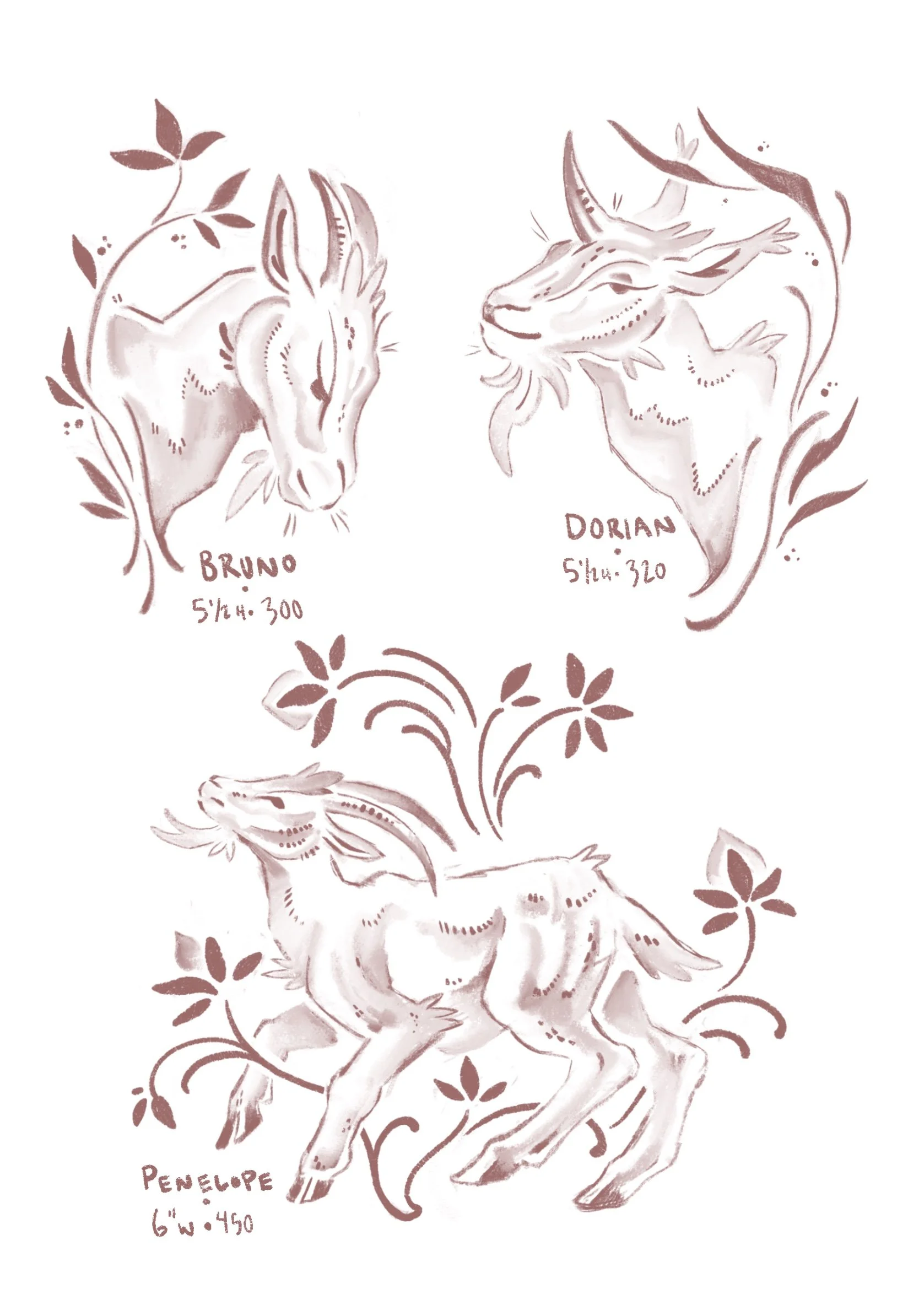 tattoo flash. three goats, labeled BRUNO 5 1/2" height 300 USD top left, Dorian 5 1/2" height 320 USD top right, and Penelope 6" wide 450 USD on bottom