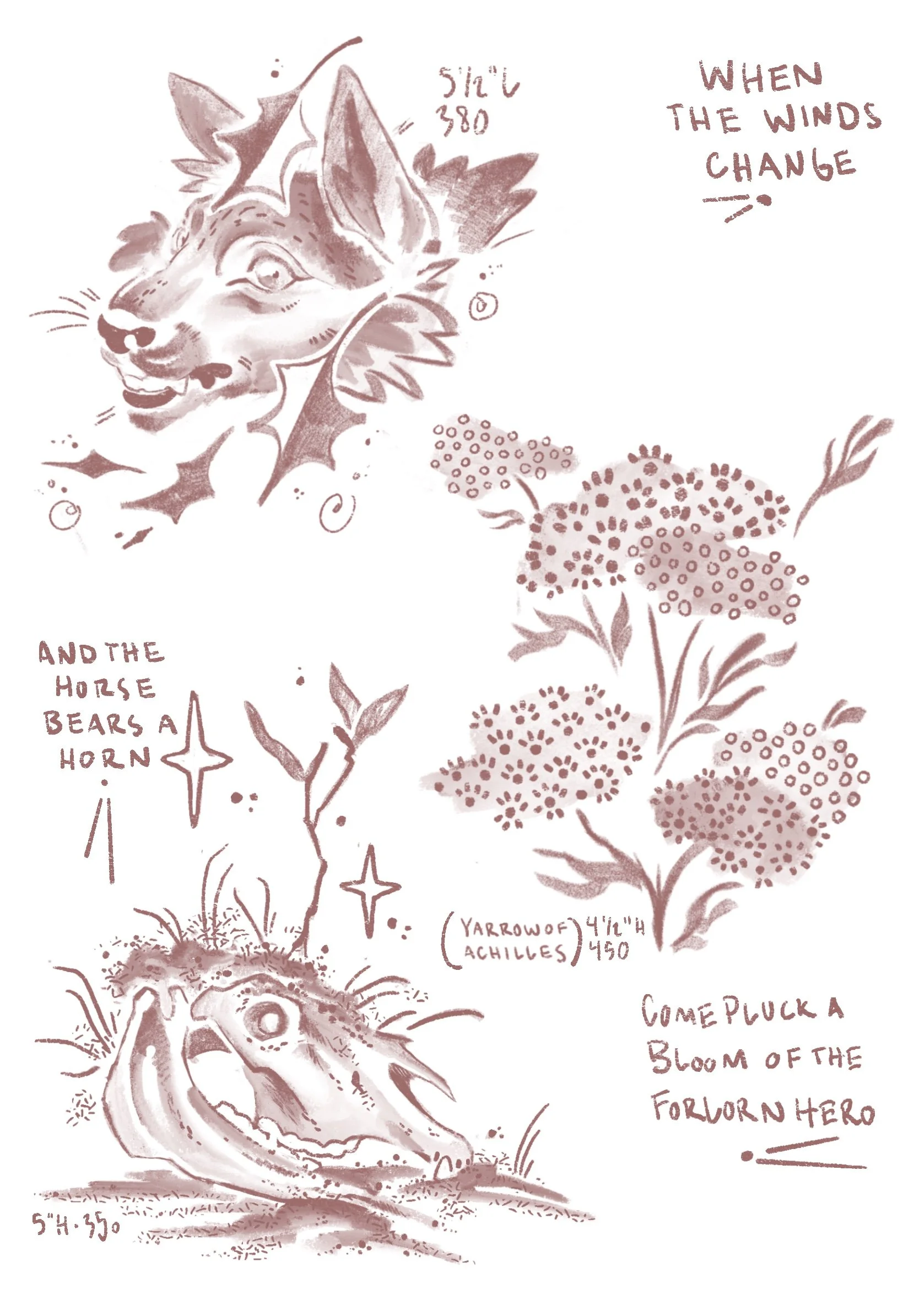 tattoo flash. wolf with leaves 5 1/2”l $380, yarrow 4 1/2”h $450, horse skull with tree for implied horn 5”h $450