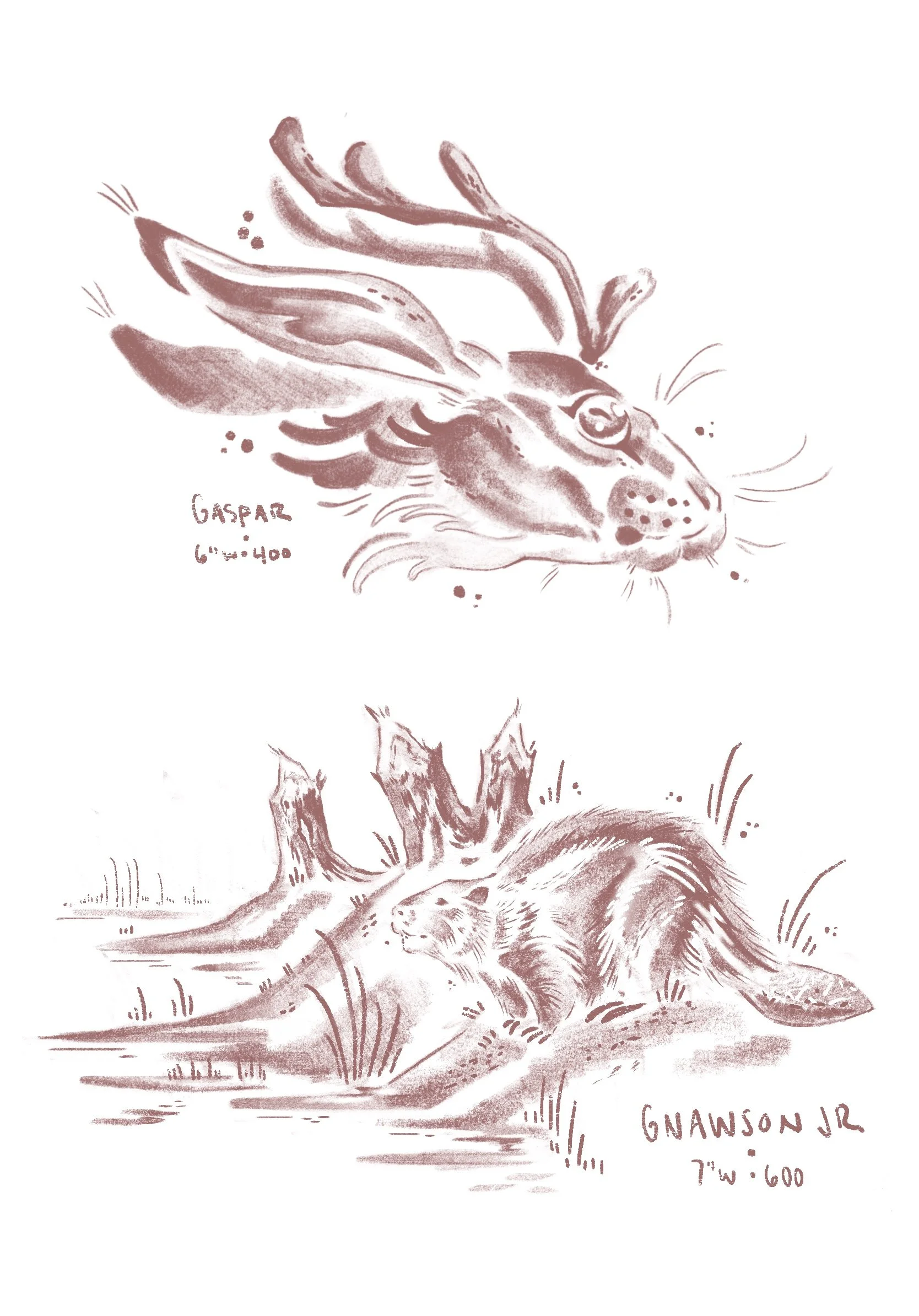 Tattoo flash. top is a jackalope head called GASPAR 6" wide 400 USD, and the bottom image is a beaver at the edge of a river called GNAWSON JR. 7" wide 600 USD