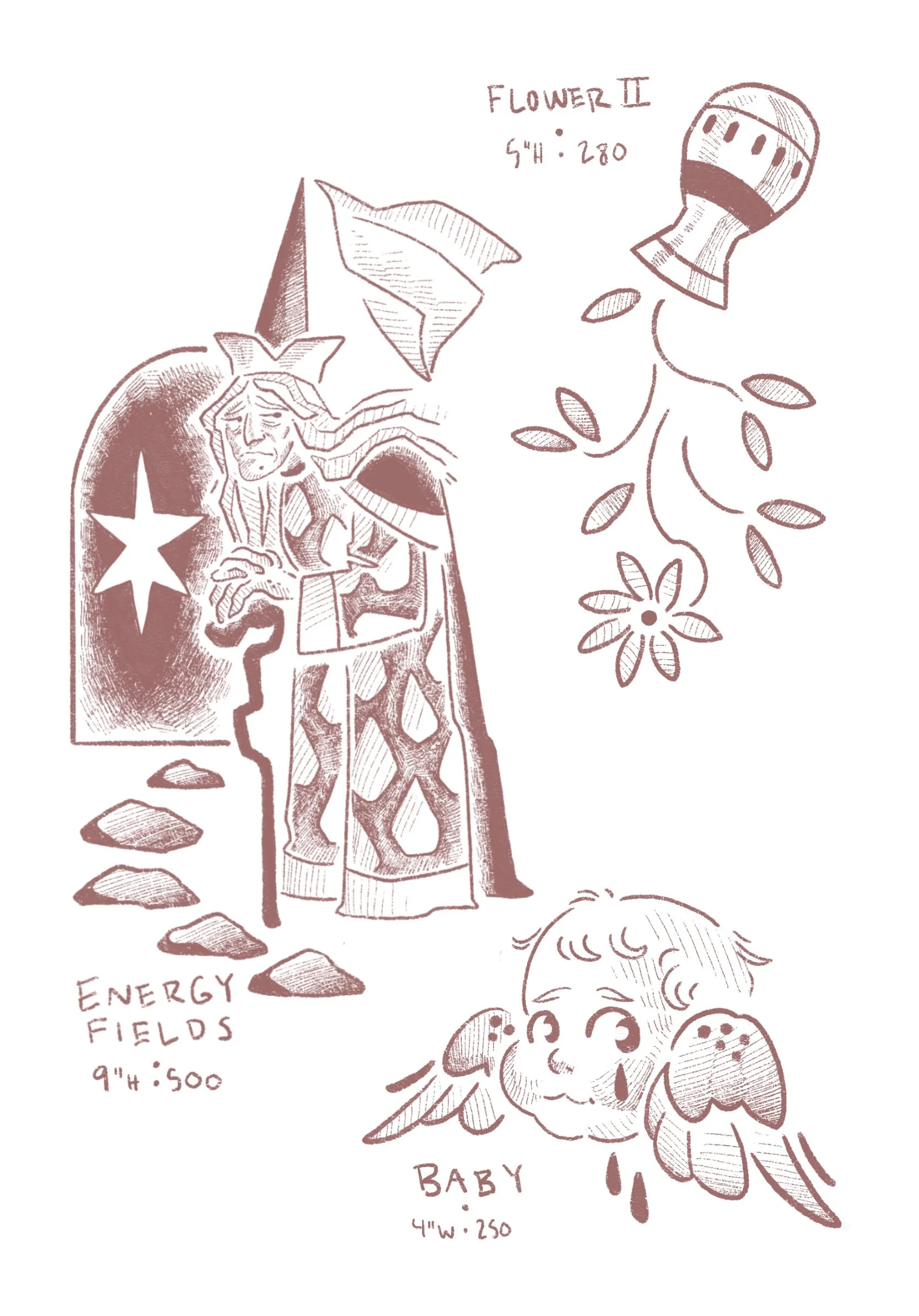 tattoo flash. left side a crone with a dark portal behind her and a stone path called ENERGY FIELDS, 9" height 500 USD, top right upside down flower pouring from vase called FLOWER 2 5" height 280 USD, bottom right a cherub head BABY 4" wide 250 USD