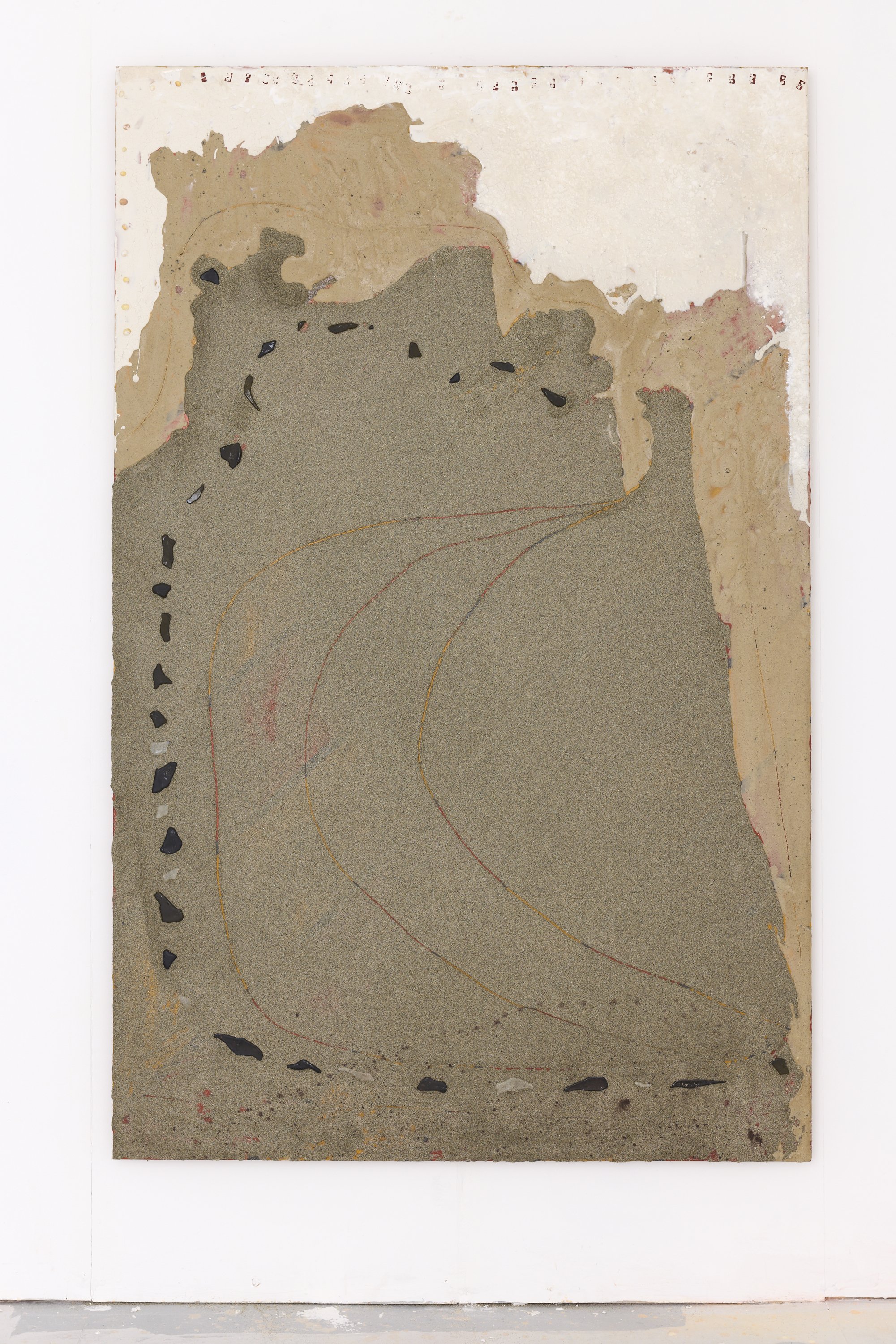 diagonal doodle 180*115 cm, 2026, sand, found marble dust, hand made sea glass, inherited sea snails and pigment with acrylic binder on marine ply