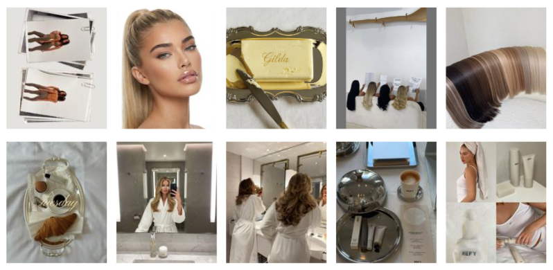 Collection of images related to beauty, hair, and skincare, including hair swatches, a woman with styled hair, soap, hair extensions, a spa or salon setting, and skincare products.
