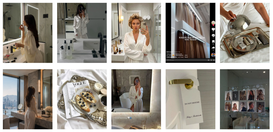 A collage of ten images featuring women in a luxurious, modern bathroom and dressing room setting, using skincare products, taking selfies, and enjoying a relaxing atmosphere.