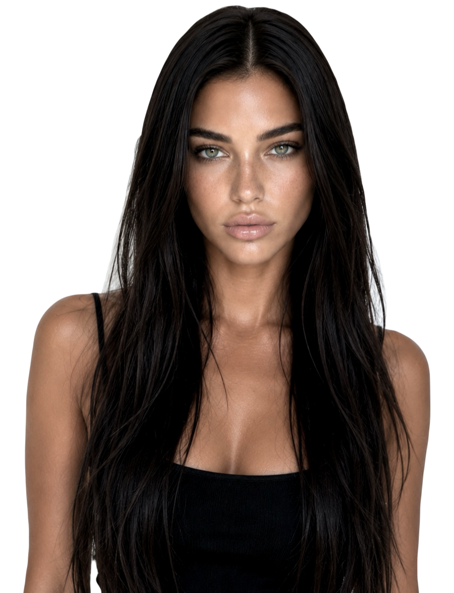 A young woman with long, dark hair and piercing blue eyes looking directly at the camera, wearing a black tank top.