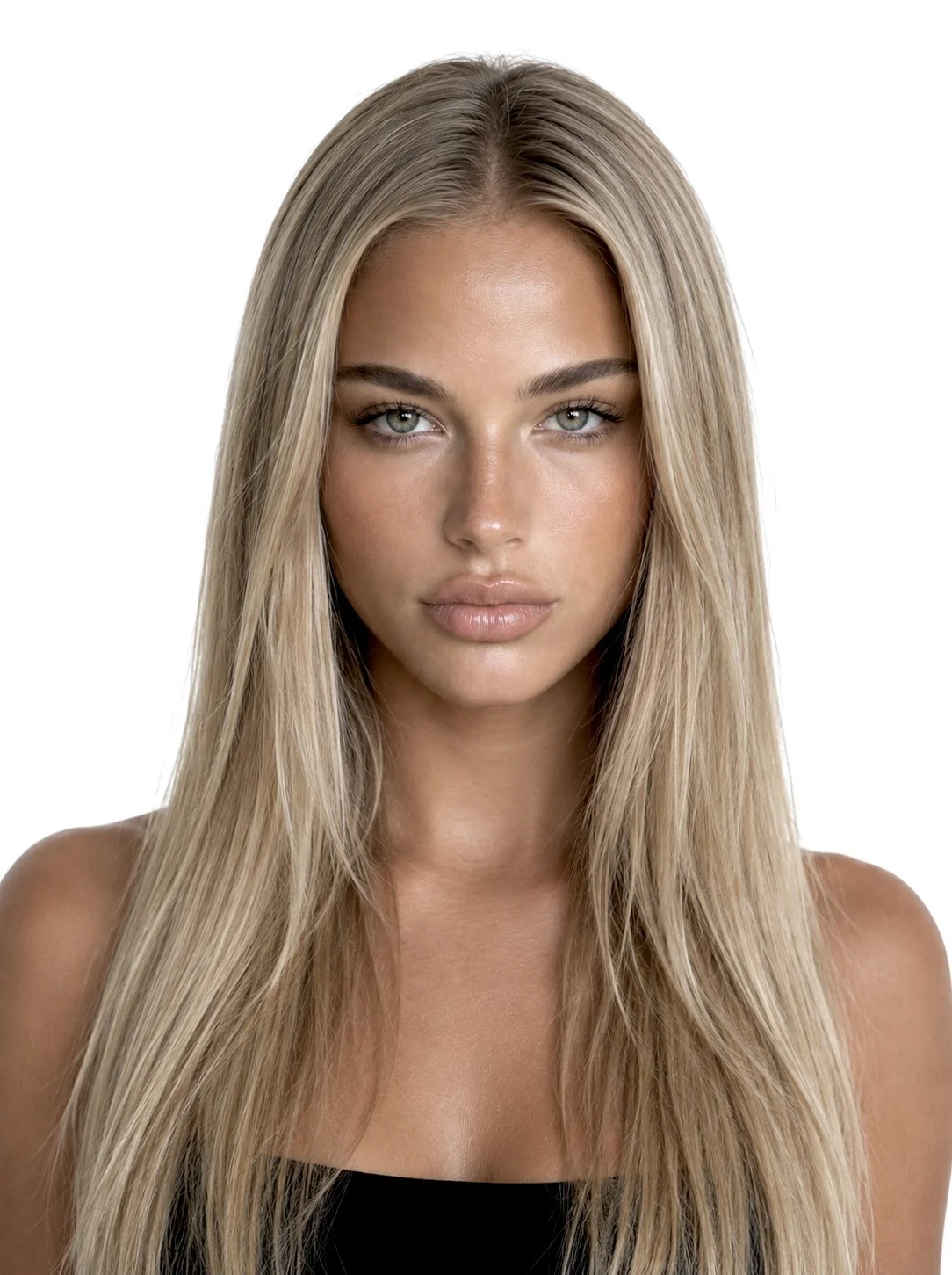 Close-up of a woman with long blonde hair, blue eyes, and natural makeup, wearing a black top, against a white background.