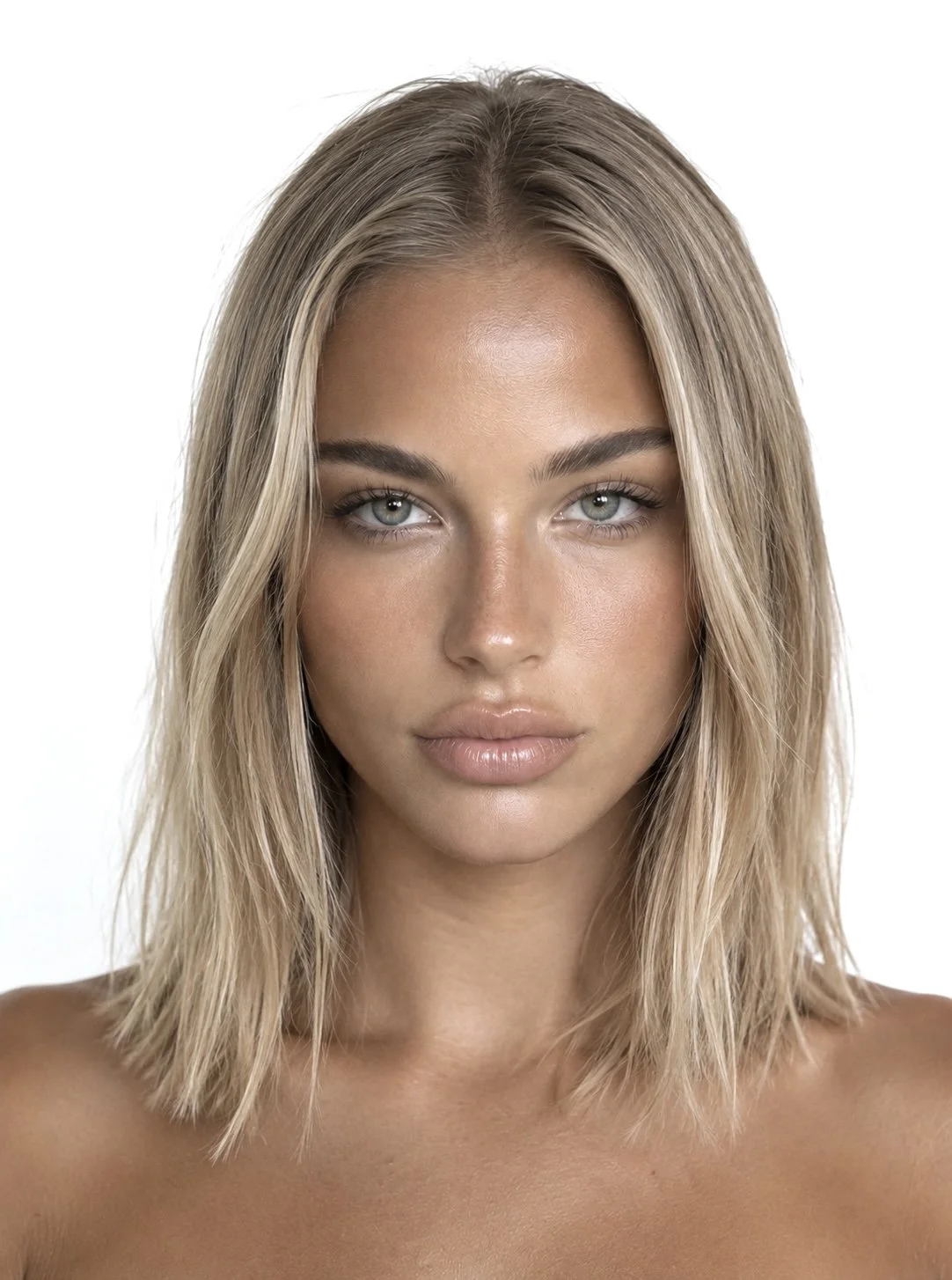 Close-up portrait of a young woman with shoulder-length blond hair and blue eyes, looking directly at the camera against a white background.