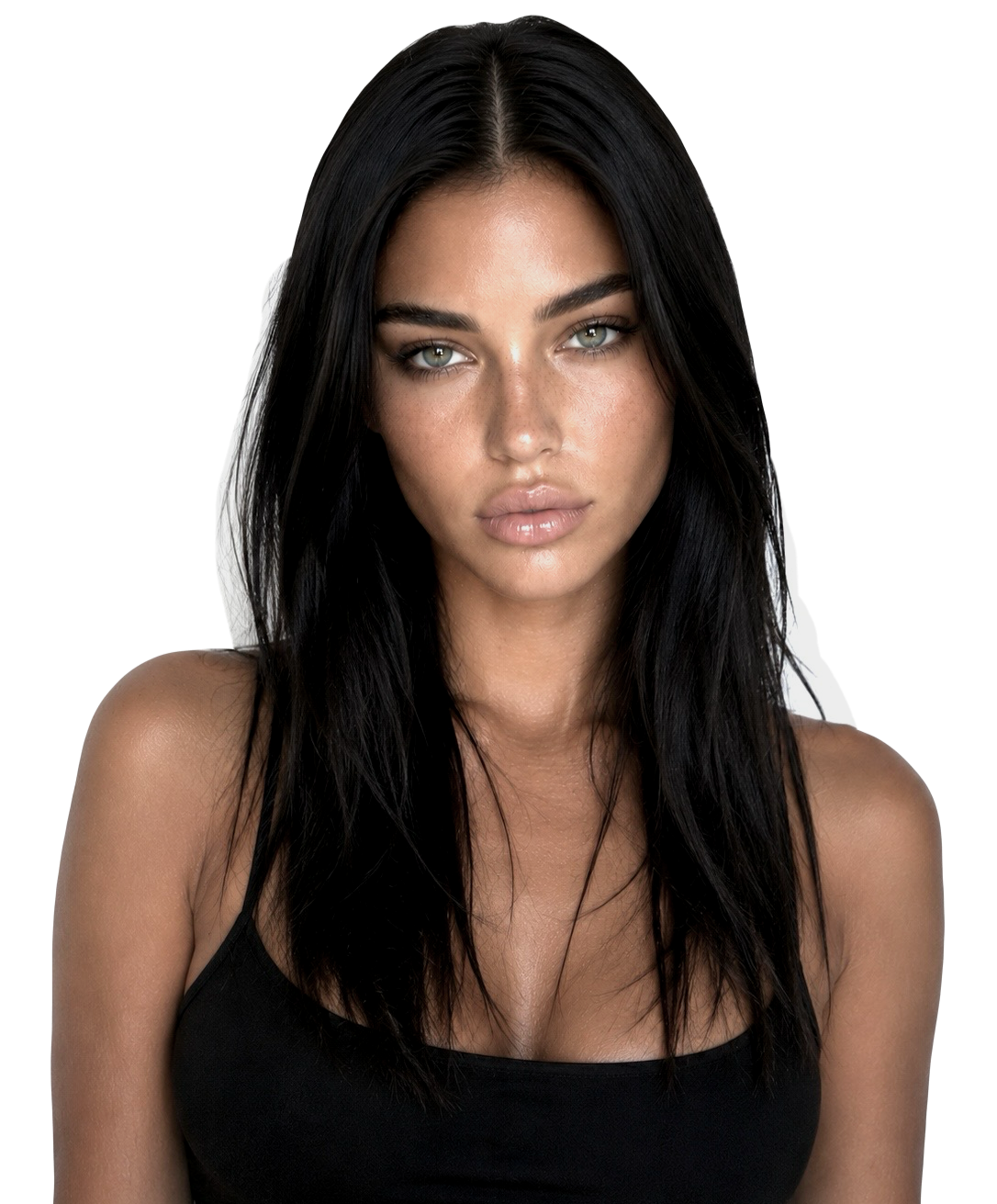 Close-up portrait of a young woman with long black hair, striking blue eyes, and a serious expression, wearing a black top.