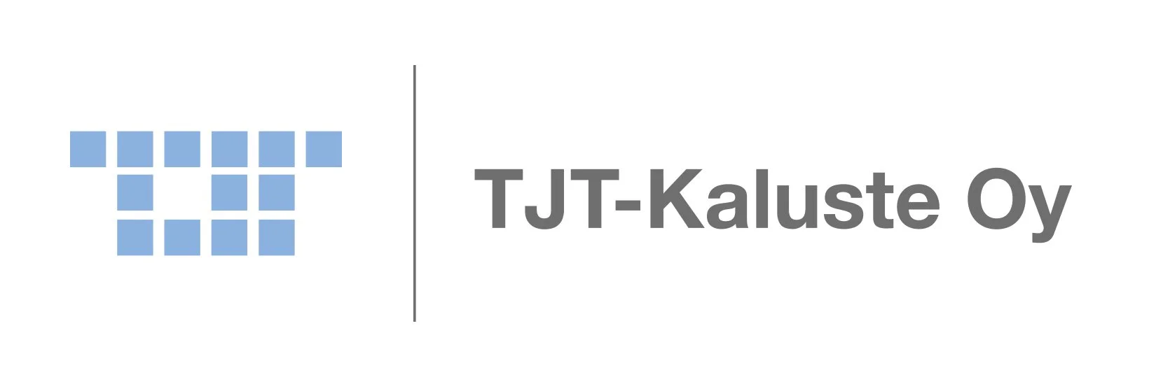 TJT-Kaluste Oy logo, siniset neliöt ja viivat, teksti 'TJT-Kaluste Oy'