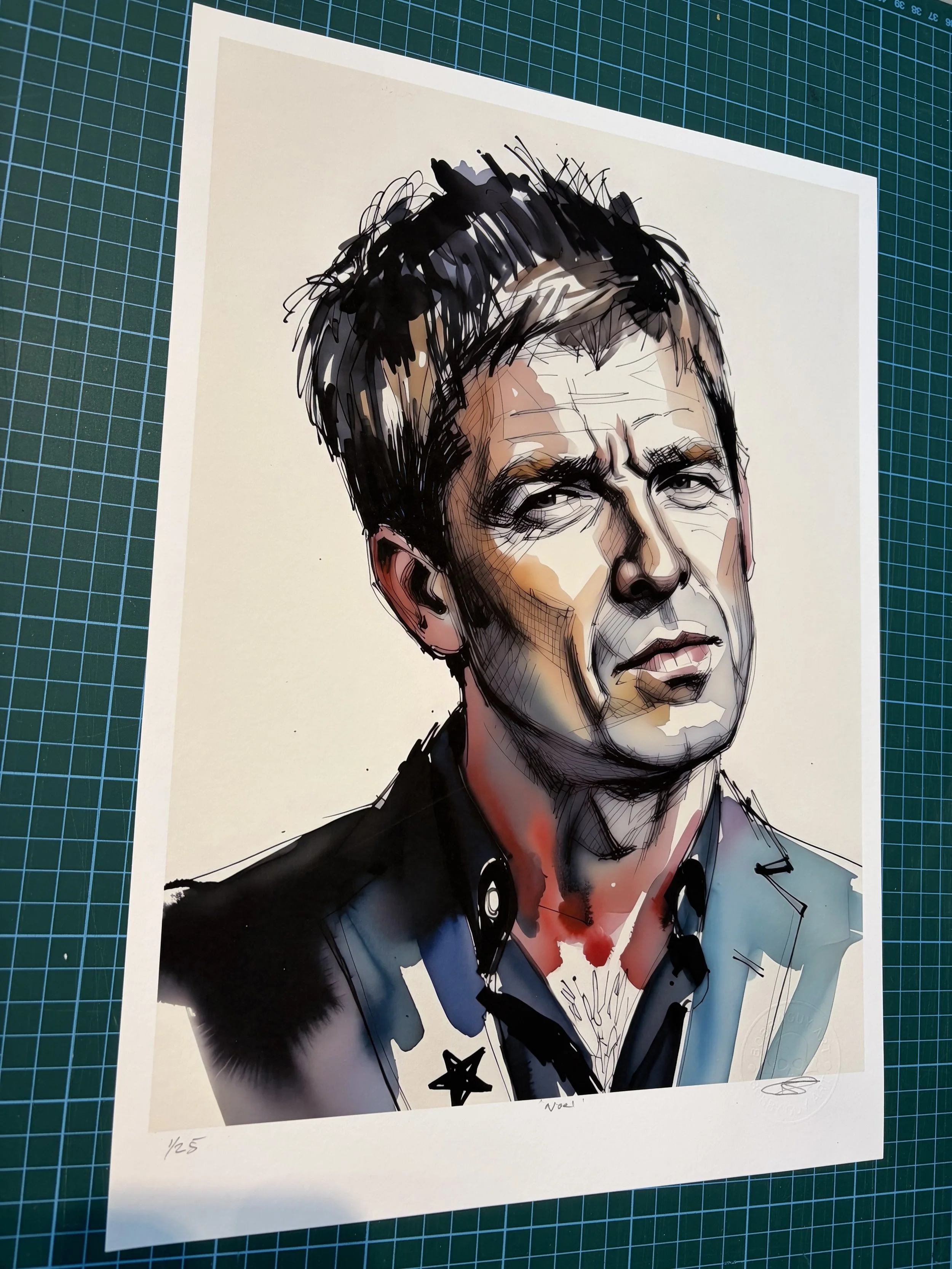 Ltd Edition Noel Gallagher Ink Wash Giclee Print