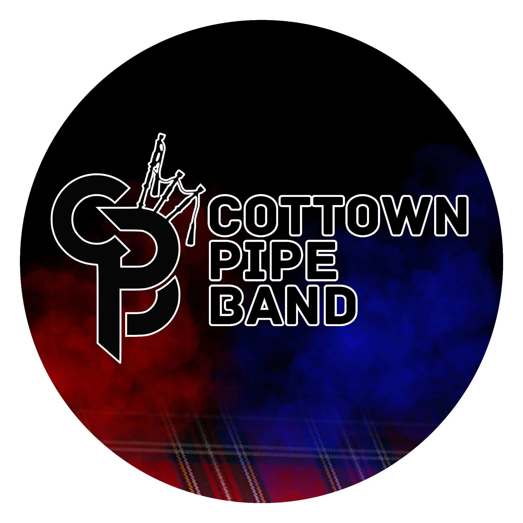 Logo of the Cotlow Pipe Band featuring a black background with red and blue tartan pattern, a white outline of a pipe, and the text 'COTTON PIPE BAND' in white.