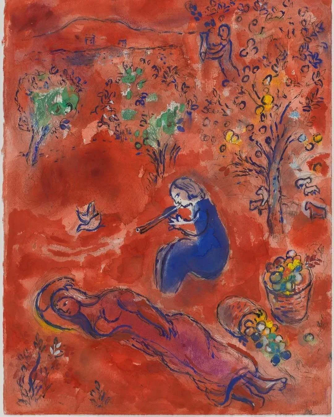 Marc Chagall, The Swallow, 1954, 
Watercolor, gouache, colored inks, India ink and pencil on paper 42.2 x 34.2 cm 

#apicturebookviewoftheworld #swaybackbooks #chagall #kidslit #illustration #kidsbooks #classicpainting #illustrationartist #paintingsw