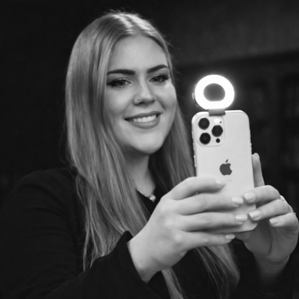 A woman with long hair smiling and taking a selfie with a ring light and an iPhone in her hand.