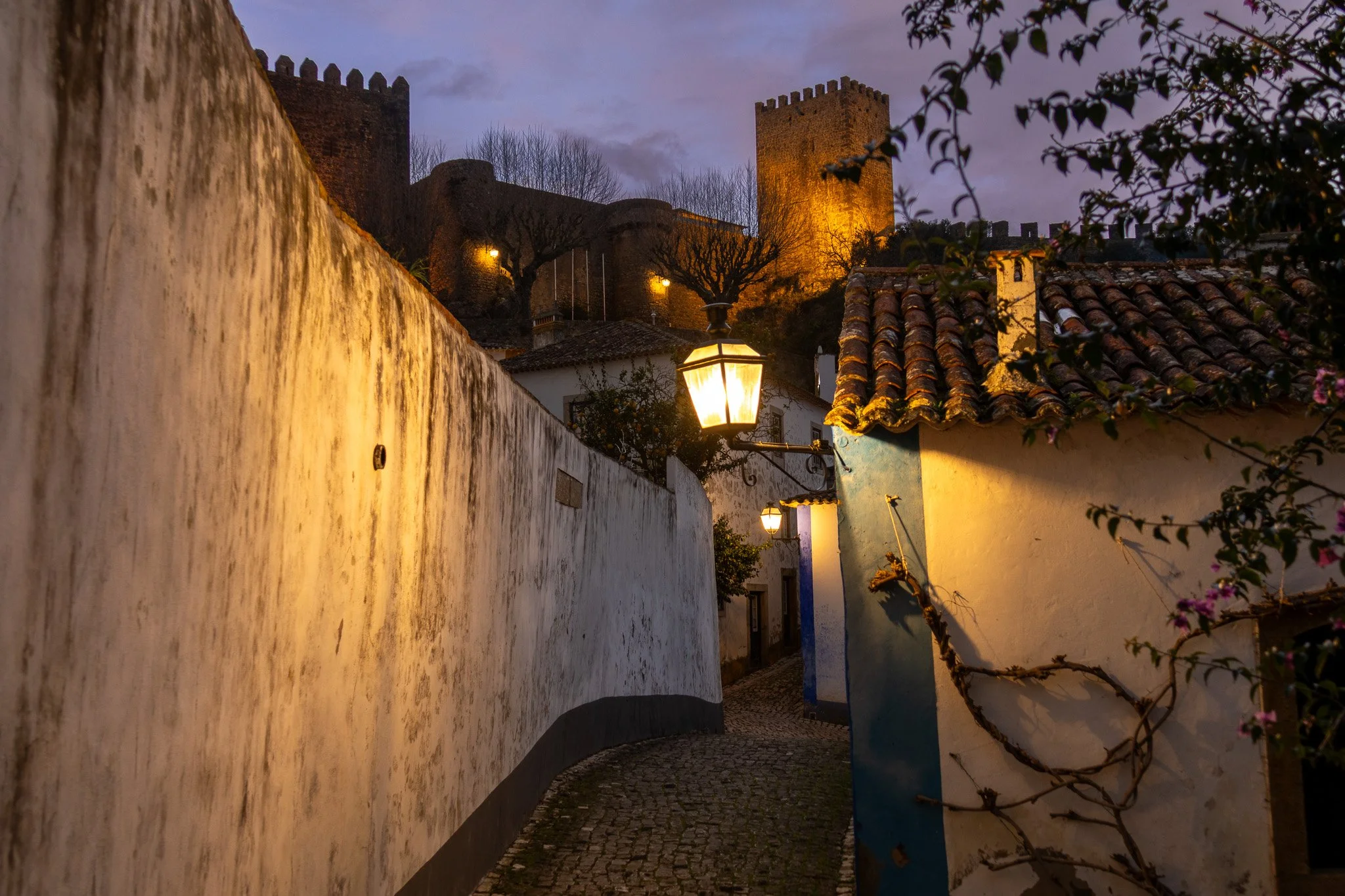A narrow cobblestone street at dusk with white and blue buildings, illuminated by street lamps, leading towards a castle on a hill in the background.