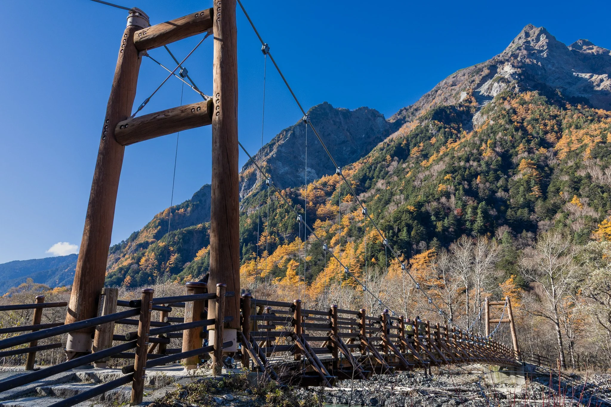 A wooden suspension bridge with metal cables stretches across a rocky landscape with trees and mountains in the background under a clear blue sky.