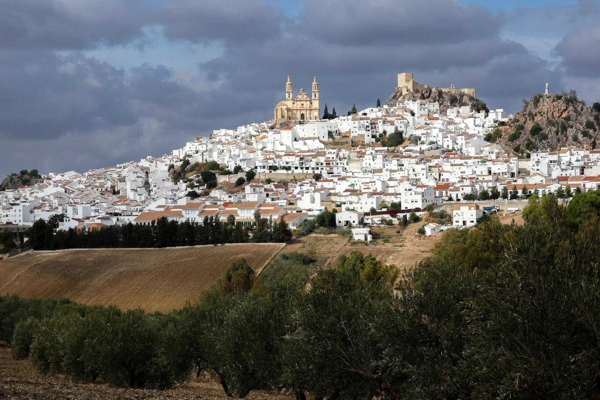 White hillside town with church and castle under cloudy sky, fields and trees in foreground.