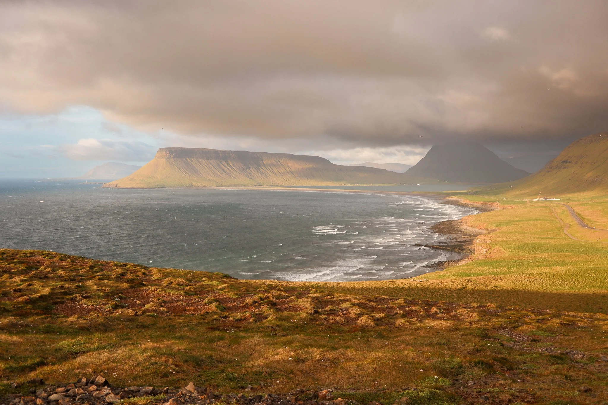 A coastal landscape with grassy fields, a rocky shoreline, and mountains in the distance under a cloudy sky.