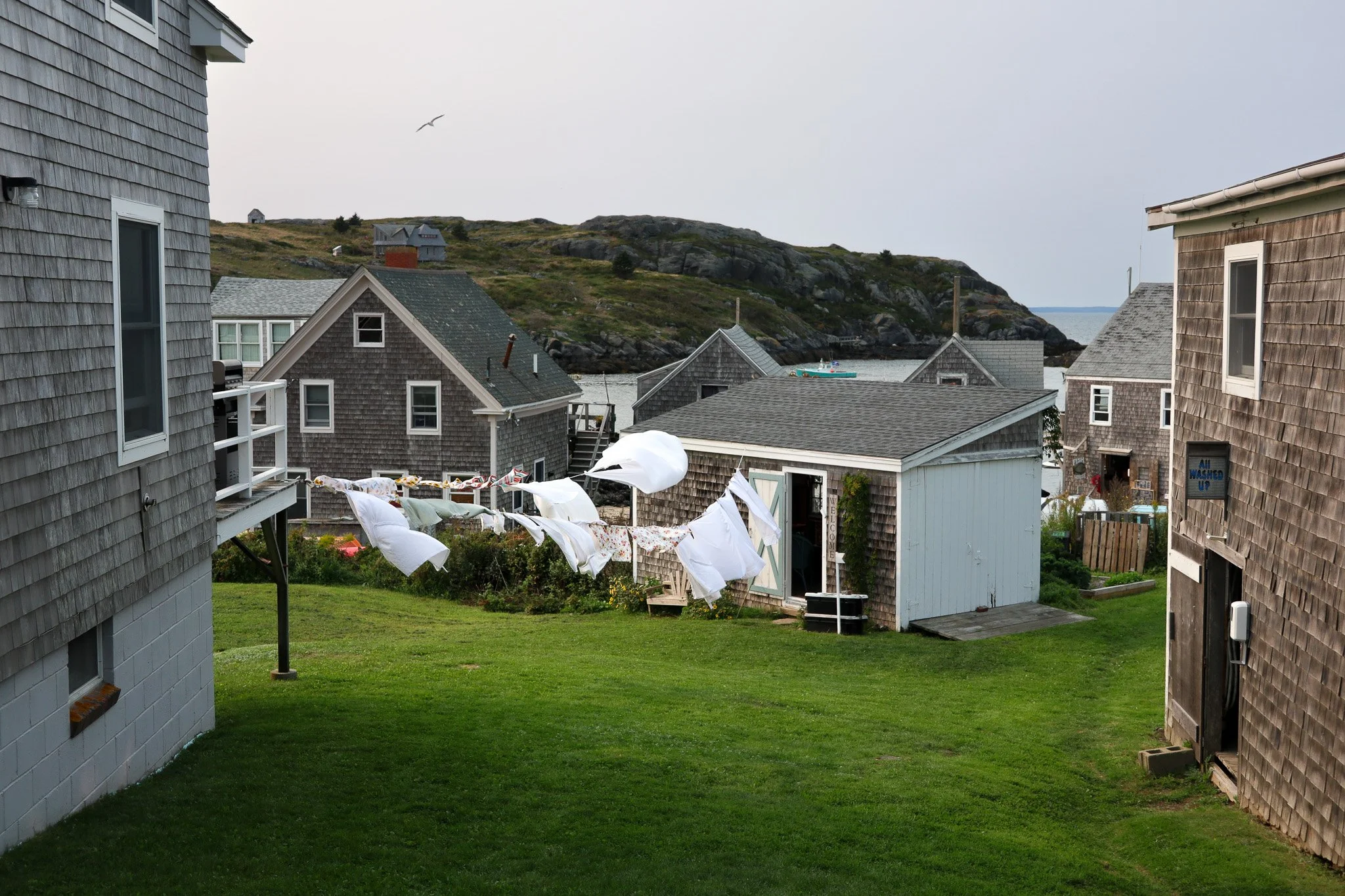 Clothes drying on a line between two houses with gray and brown shingle siding, overlooking a small harbor with rocks and a hillside in the background.