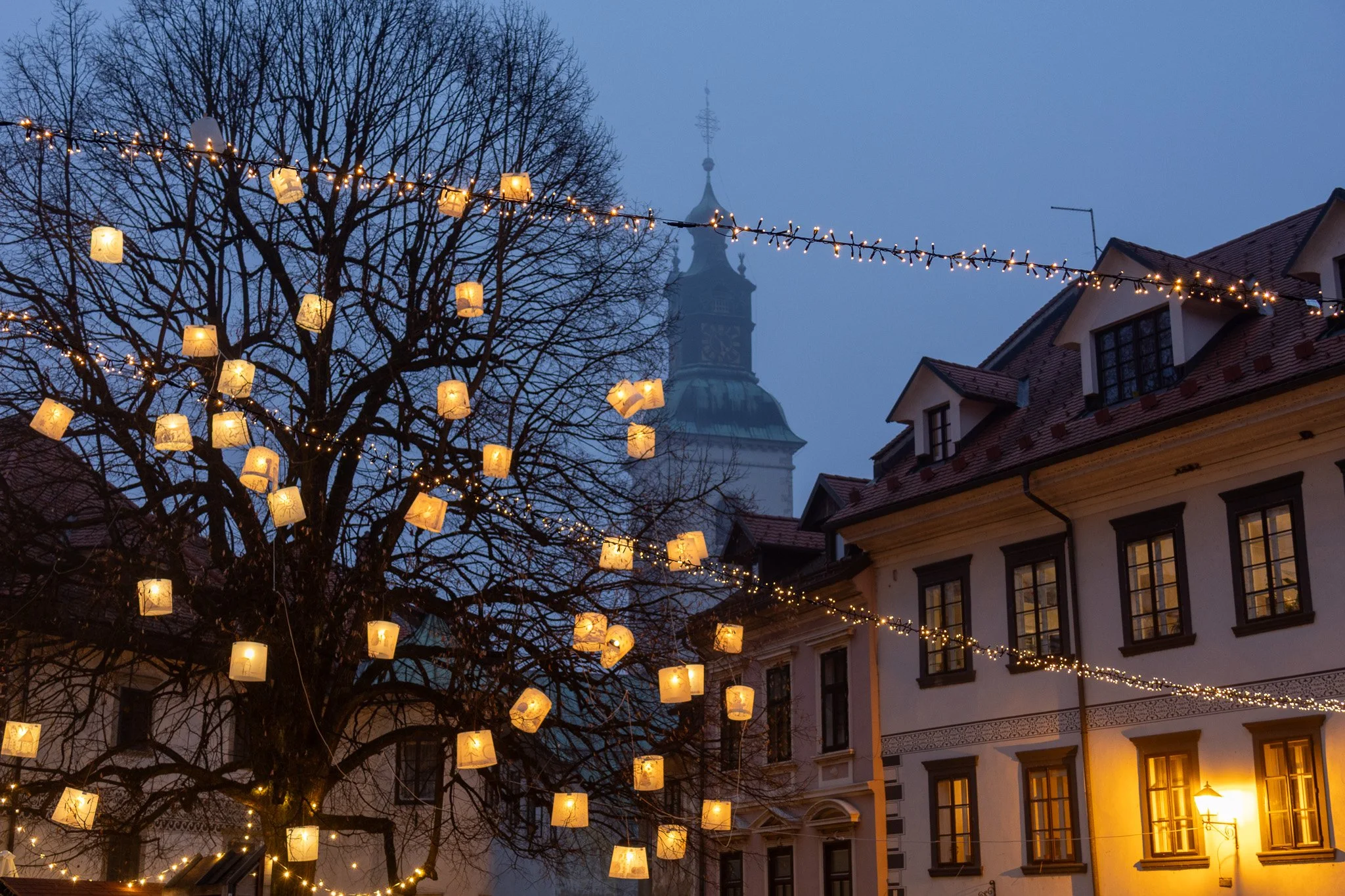 Lighting decorations hanging across a street at dusk, with a leafless tree and historic buildings with lit windows in the background.