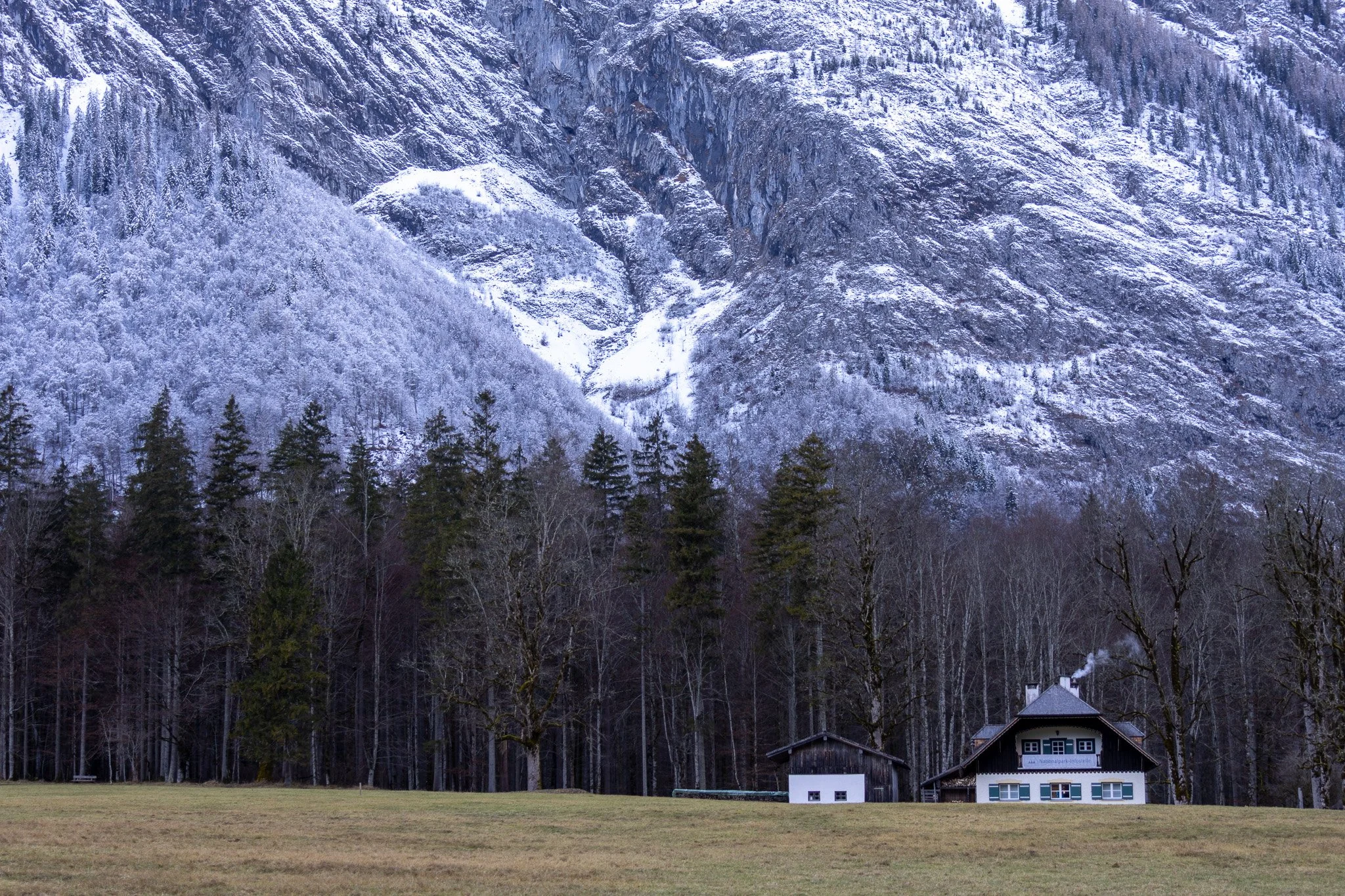 A rural house with smoke coming from the chimney, surrounded by a forest with leafless trees, and a mountain range covered in snow in the background.