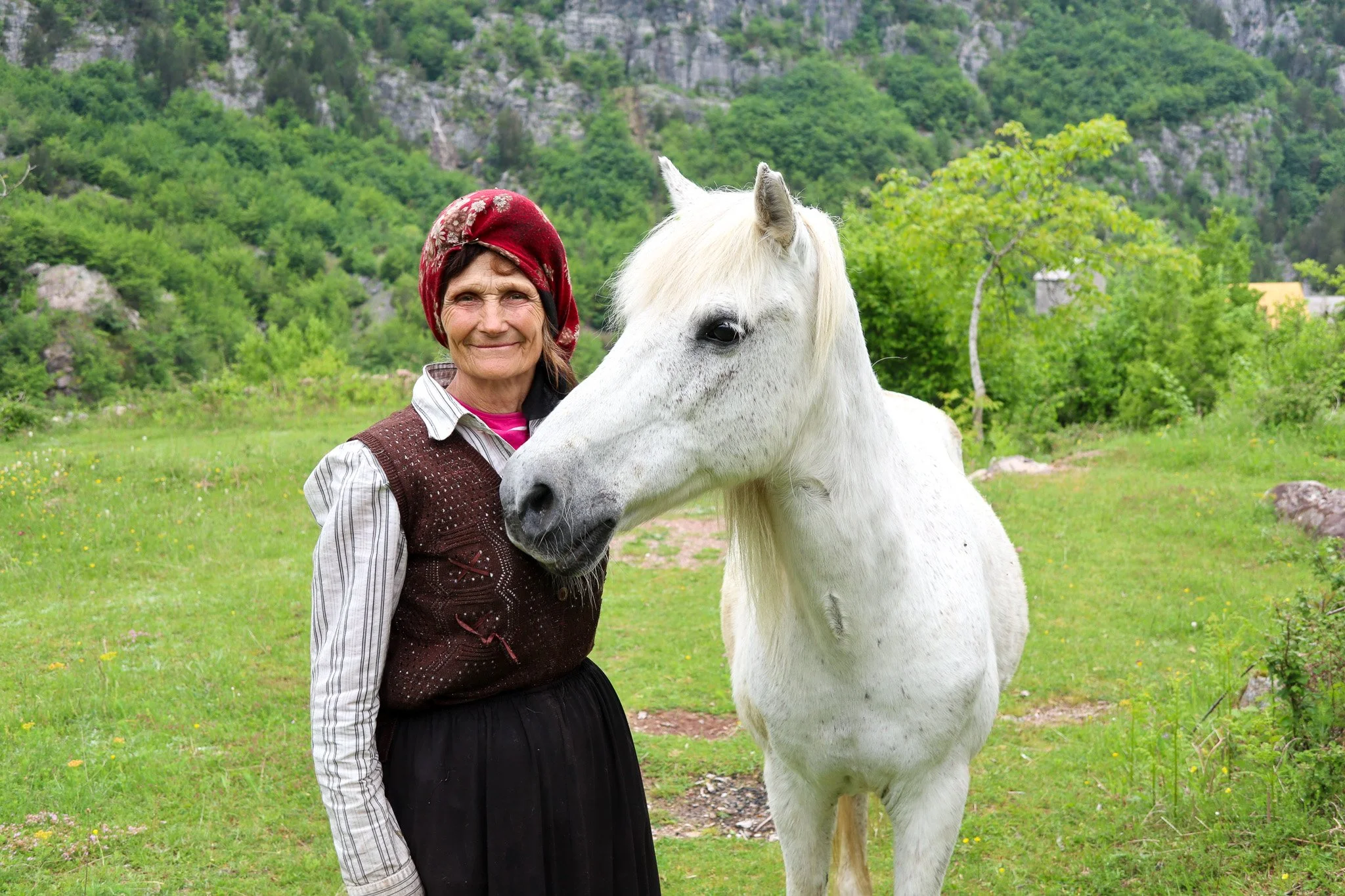 An elderly woman with a red headscarf smiling standing next to a white horse in a green outdoor landscape with mountains in the background.