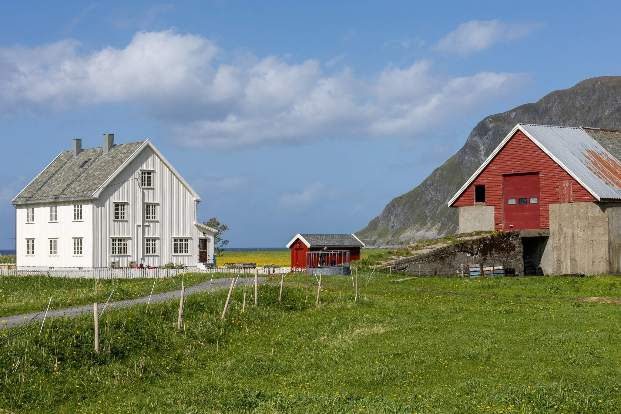 Green grassy field with a white house on the left, red barns on the right, a small red shed in the middle, and mountains with a cloudy sky in the background.