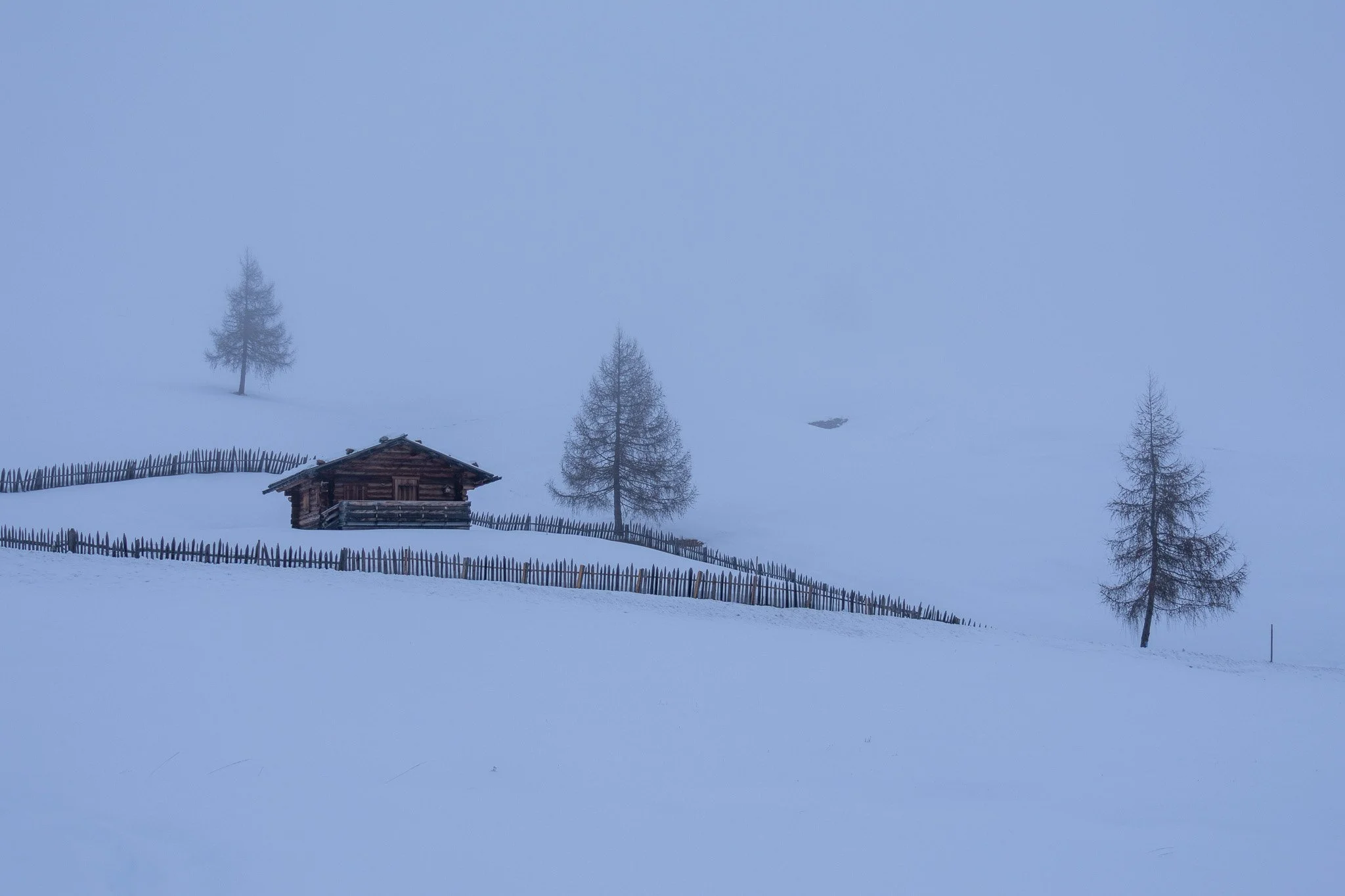 A snow-covered landscape with a small wooden cabin, a wooden fence, and a few sparse trees in a foggy, winter setting.